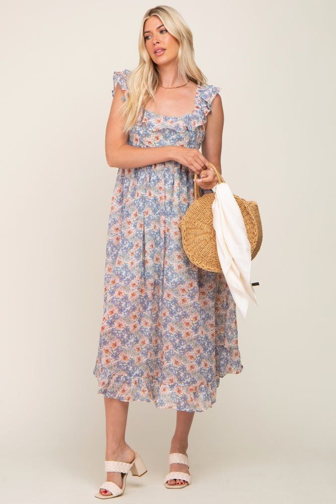 Light Blue Floral Chiffon Ruffle Neck Back Tie Midi Dress sold by Pinkblush