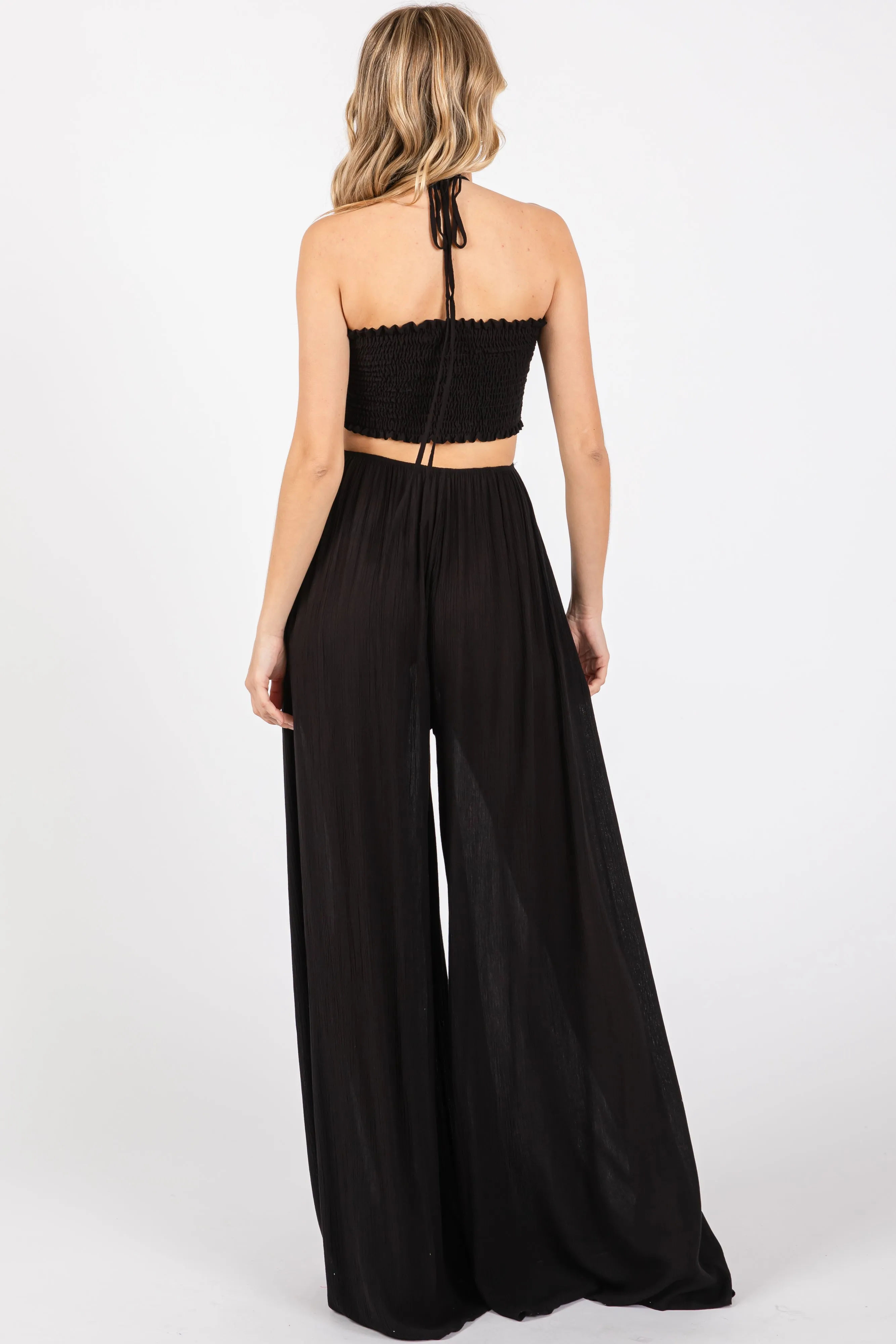 Black Smocked Drawstring Halter Side Cutout Jumpsuit sold by Pinkblush product image thumbnail 3