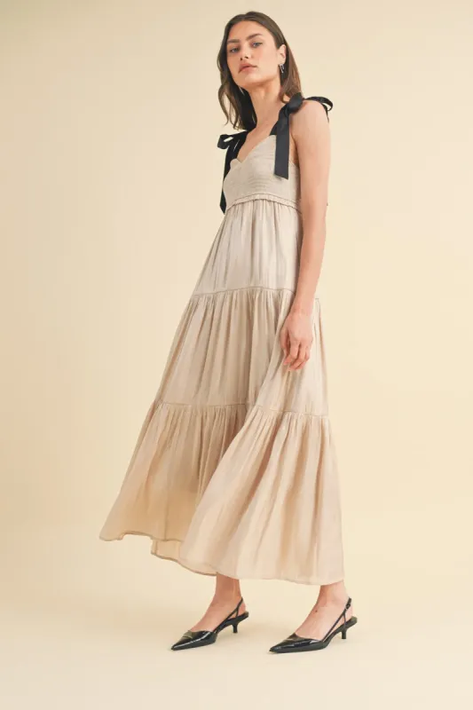 Beige Tiered Satin Tie-Strap Maxi Dress sold by Pinkblush