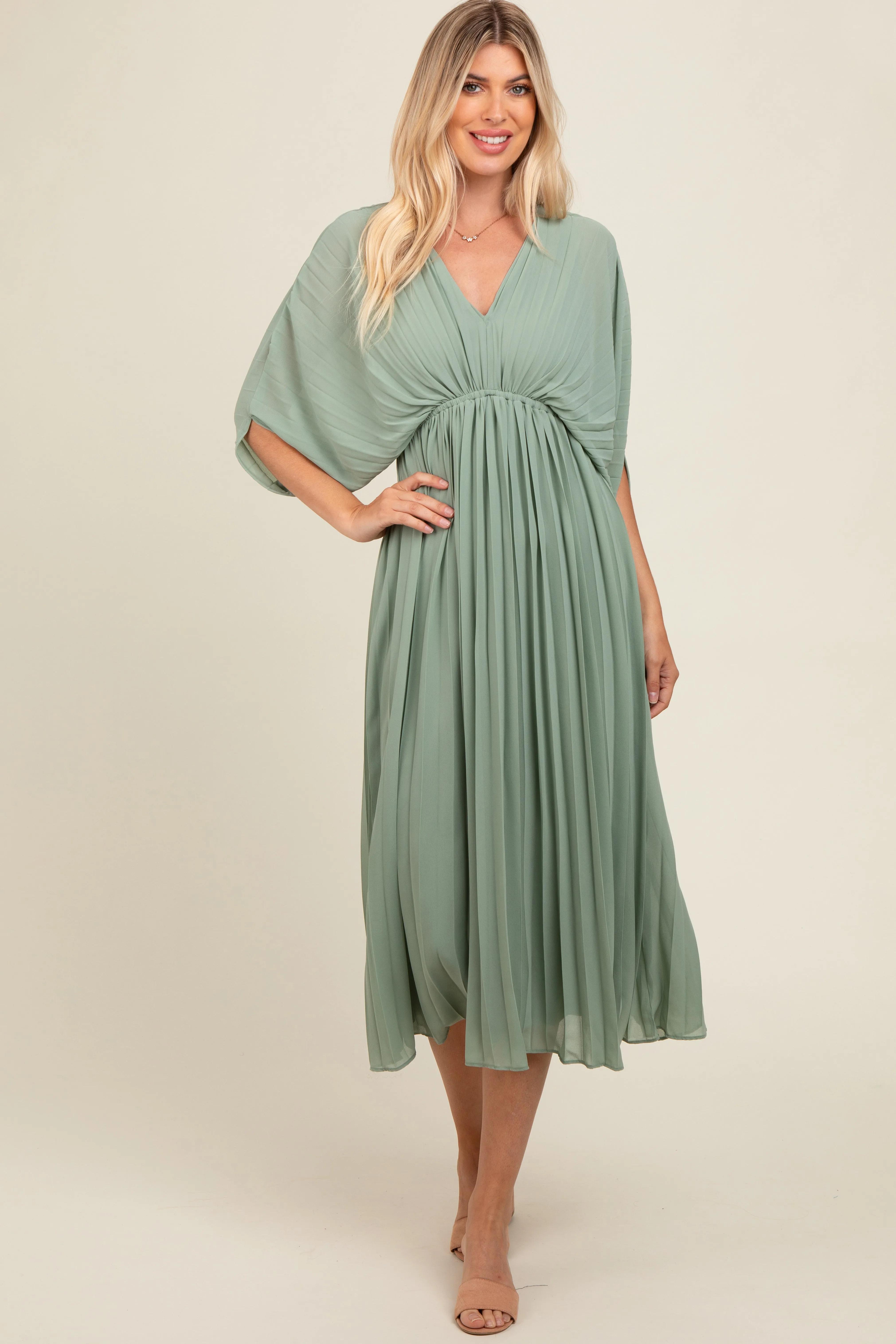 Light Olive Pleated V Neck Maxi Dress sold by Pinkblush