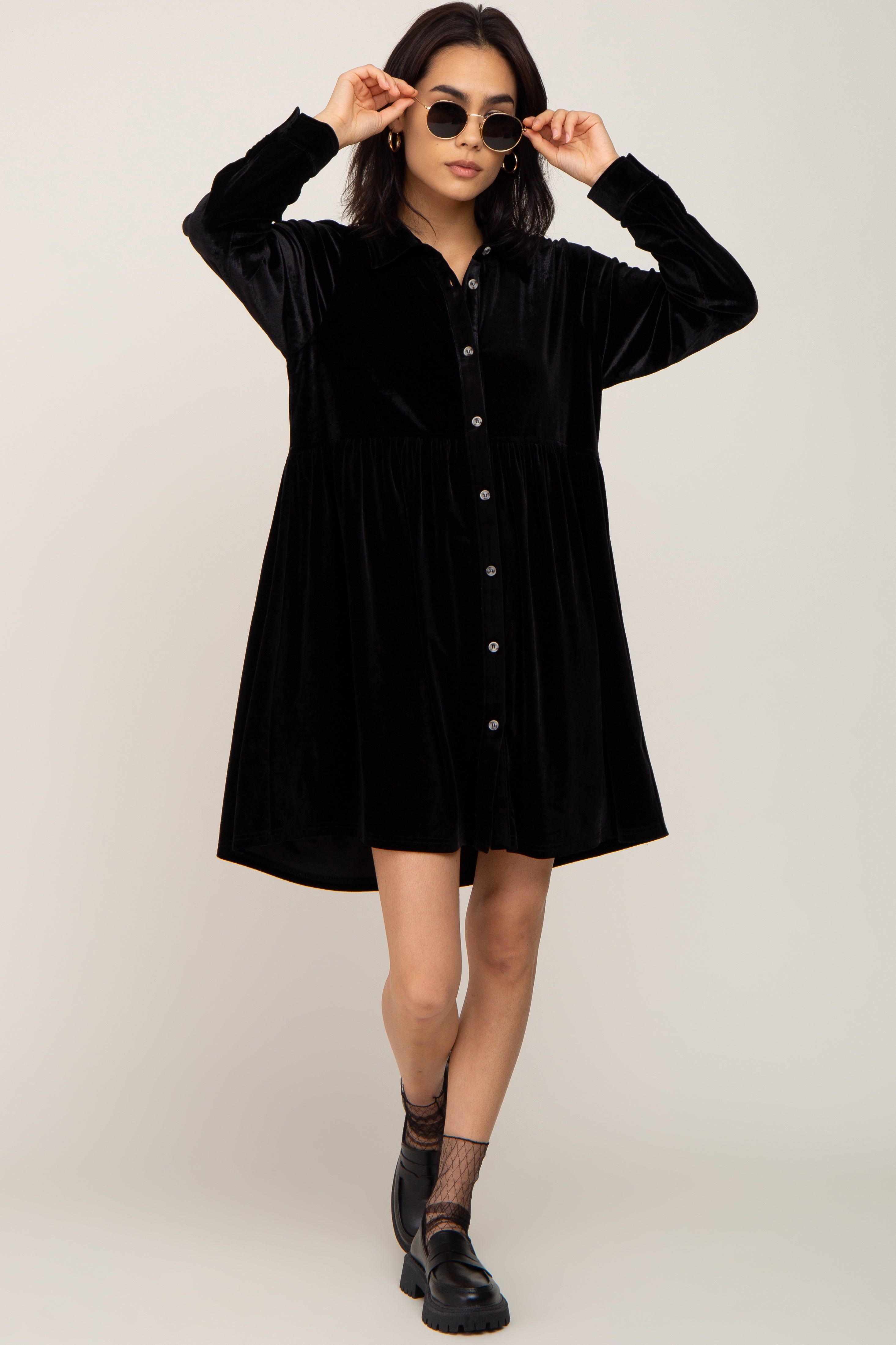 Black Velvet Button Down Mini Dress sold by Pinkblush product image thumbnail 4