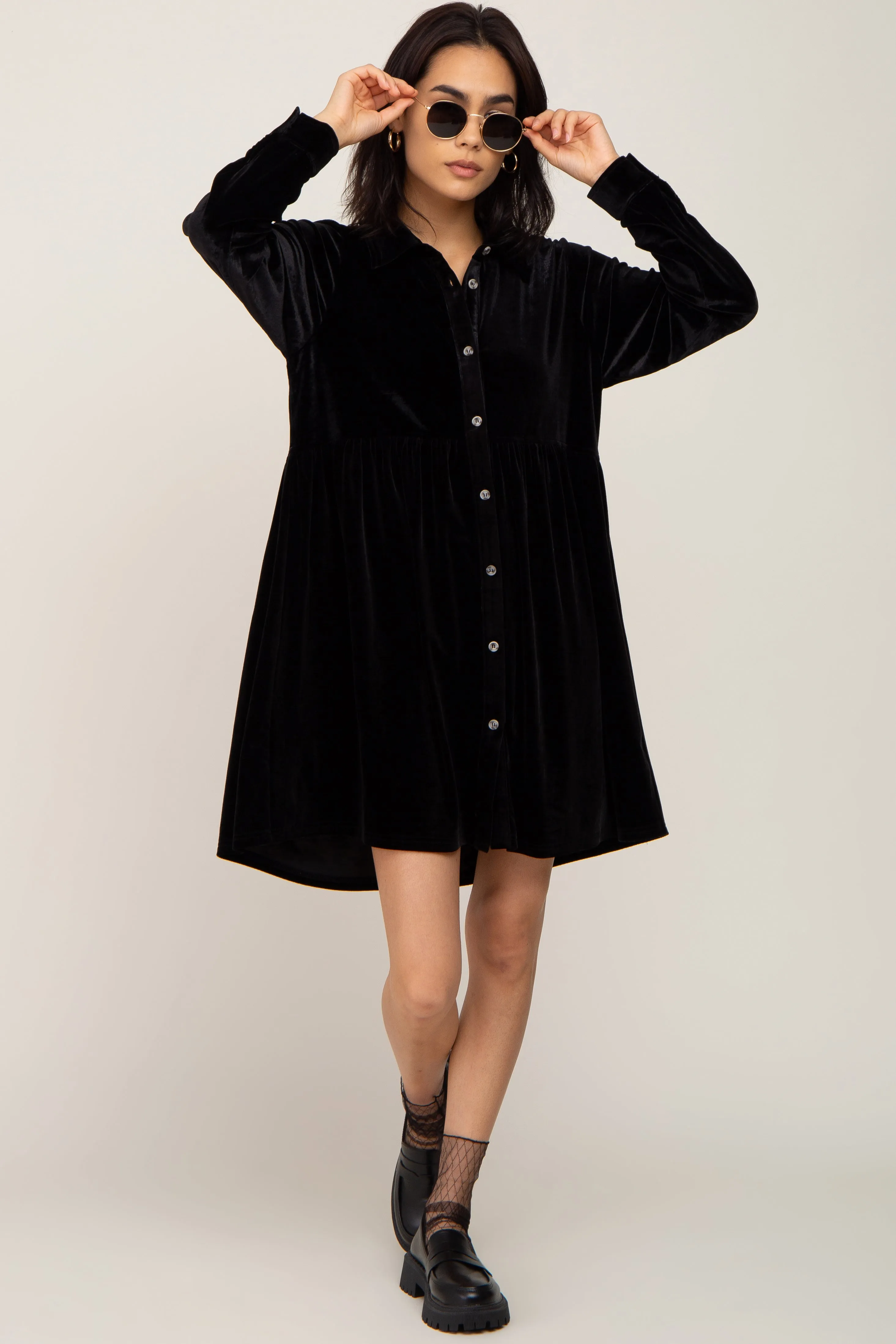 Black Velvet Button Down Mini Dress sold by Pinkblush product image thumbnail 4