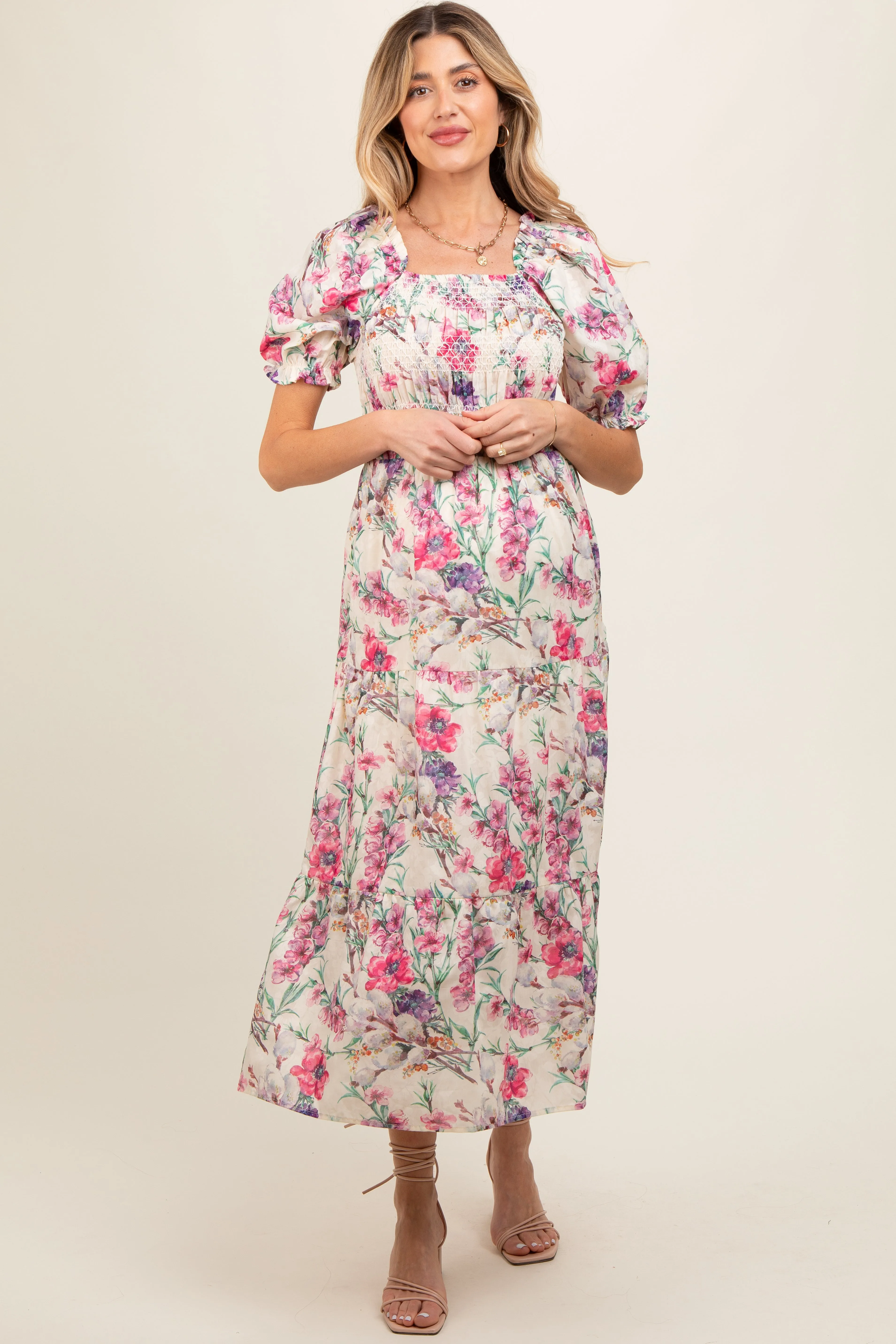 Cream Floral Puff Sleeve Smocked Maternity Midi Dress sold by Pinkblush product image thumbnail 2