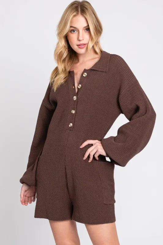 Brown Button Down Sweater Romper sold by Pinkblush