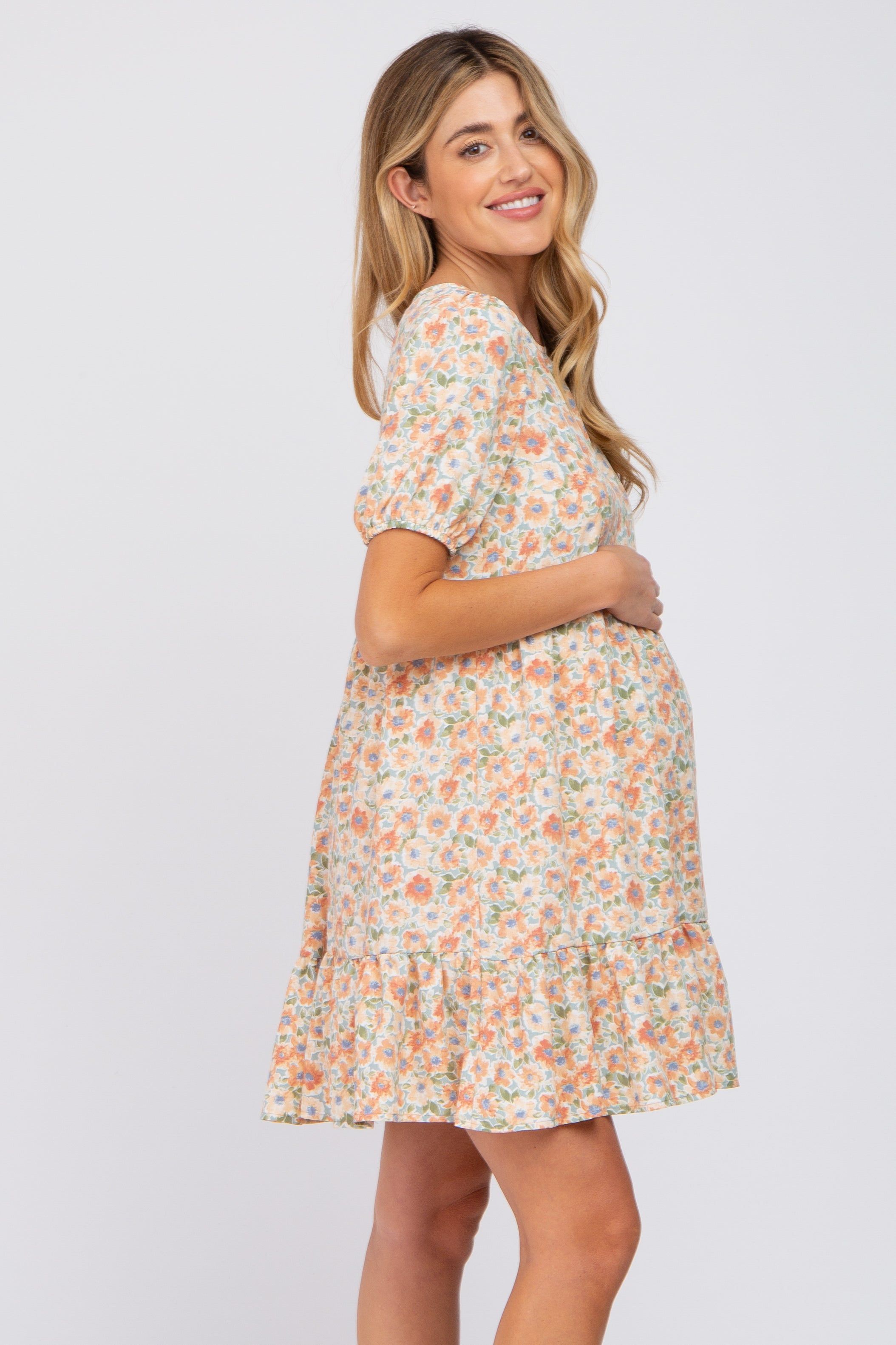 Sage Floral Short Sleeve Ruffle Hem Maternity Dress sold by Pinkblush product image thumbnail 2