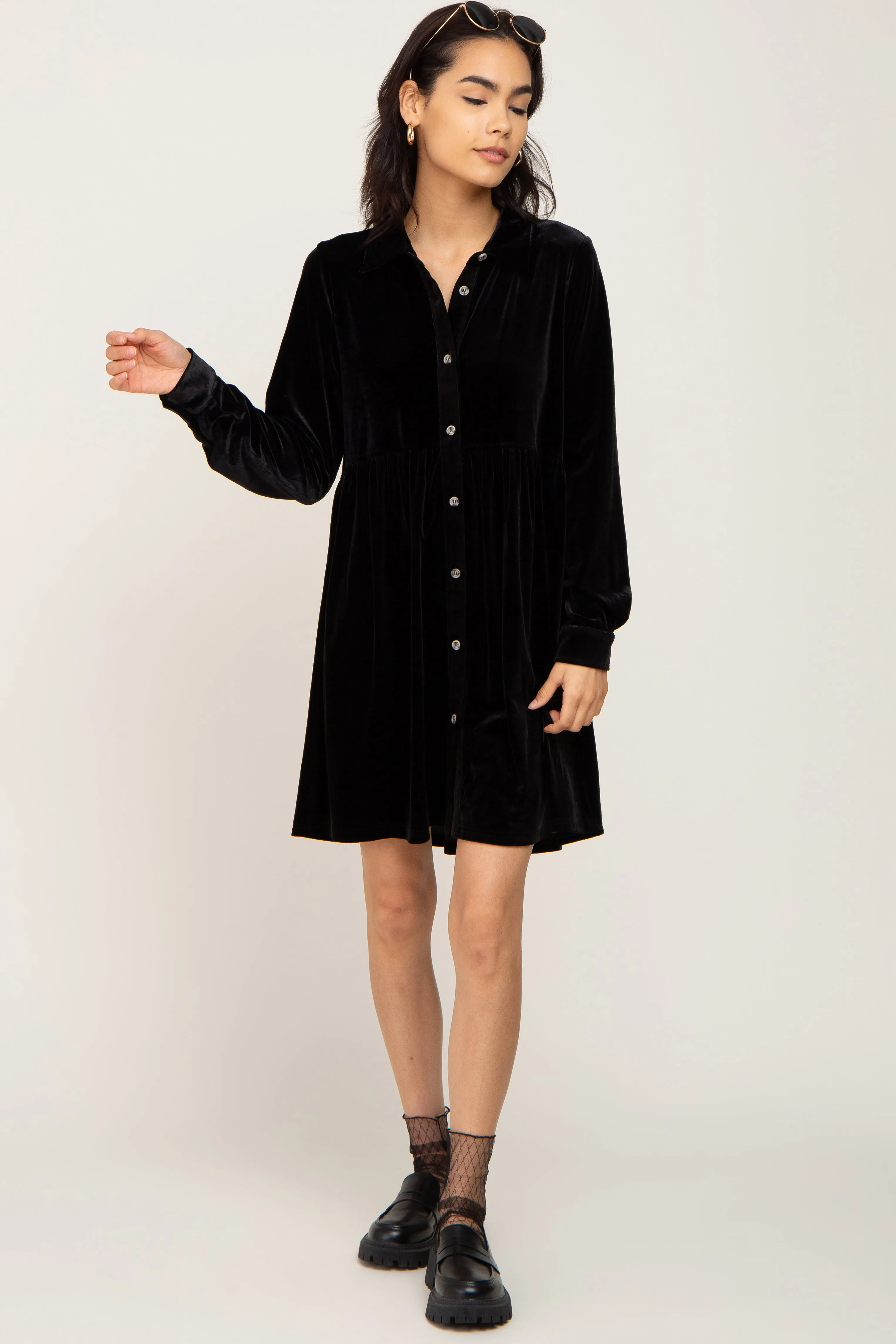 Black Velvet Button Down Mini Dress sold by Pinkblush product image thumbnail 5