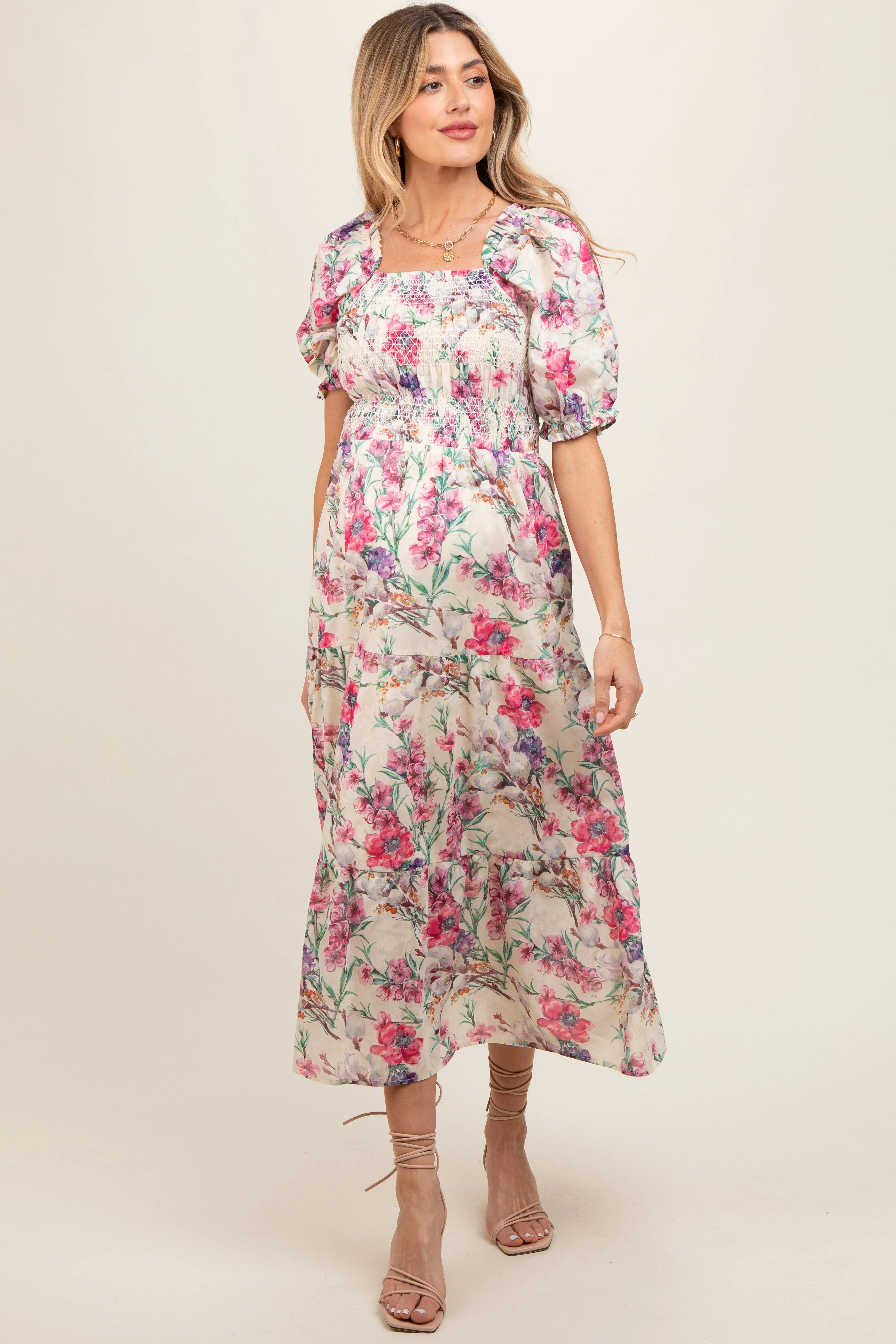 Cream Floral Puff Sleeve Smocked Maternity Midi Dress sold by Pinkblush