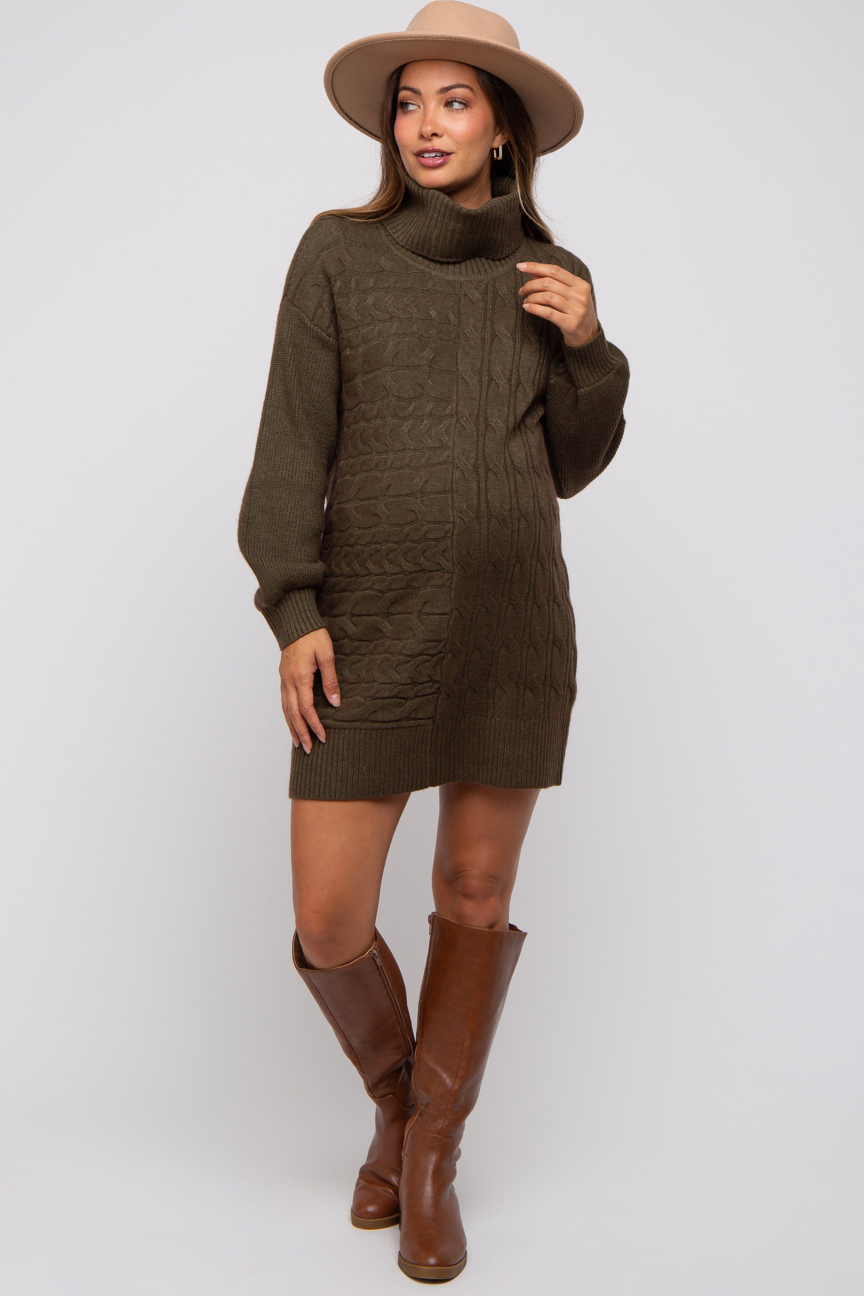 Olive Cable Knit Maternity Mini Sweater Dress sold by Pinkblush