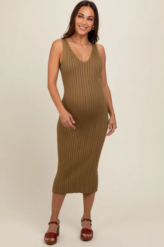 Mocha V Neck Sleeveless Knit Maternity Midi Dress sold by Pinkblush