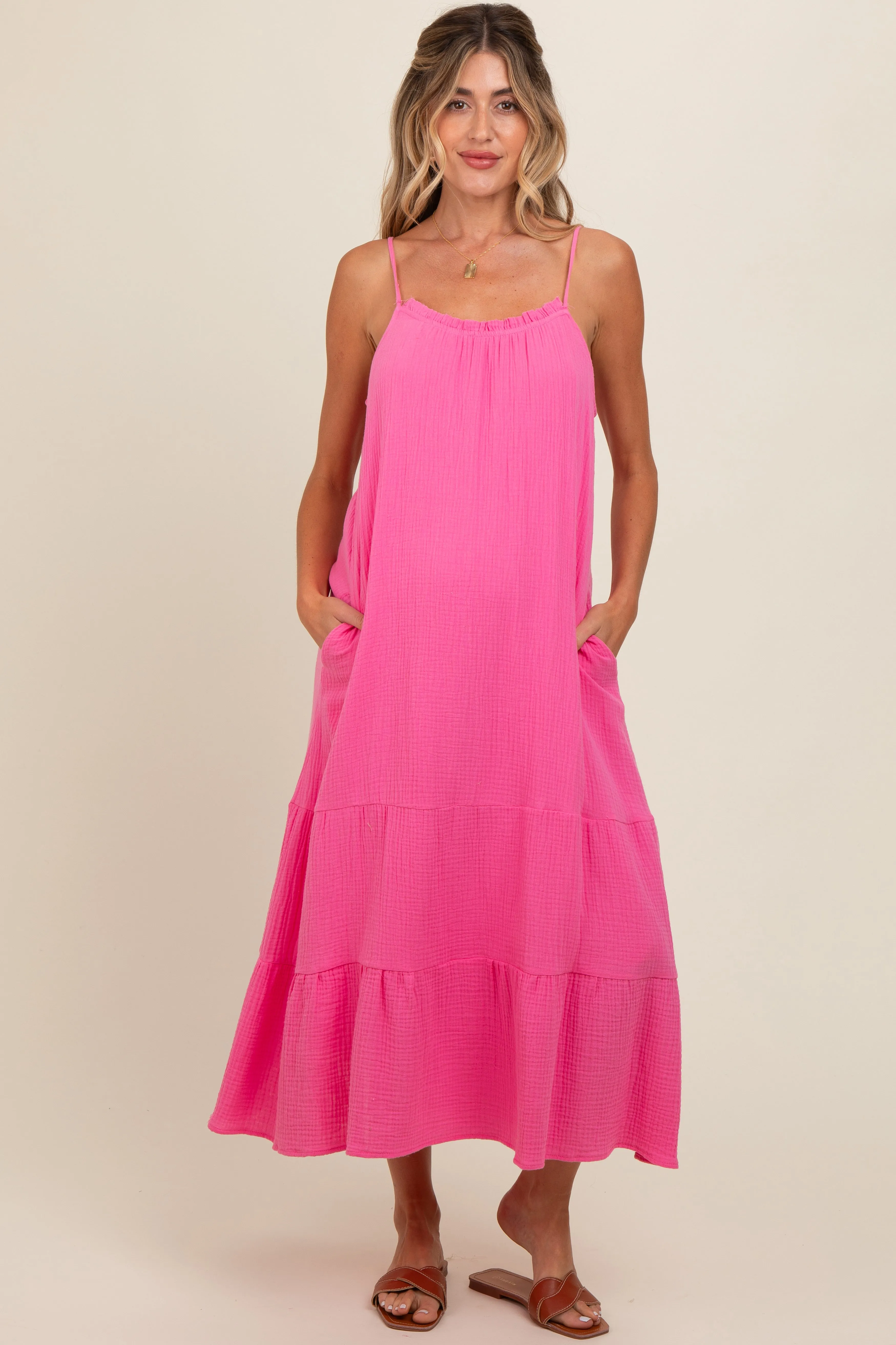 Fuchsia Tiered Hem Maternity Midi Dress sold by Pinkblush product image thumbnail 2