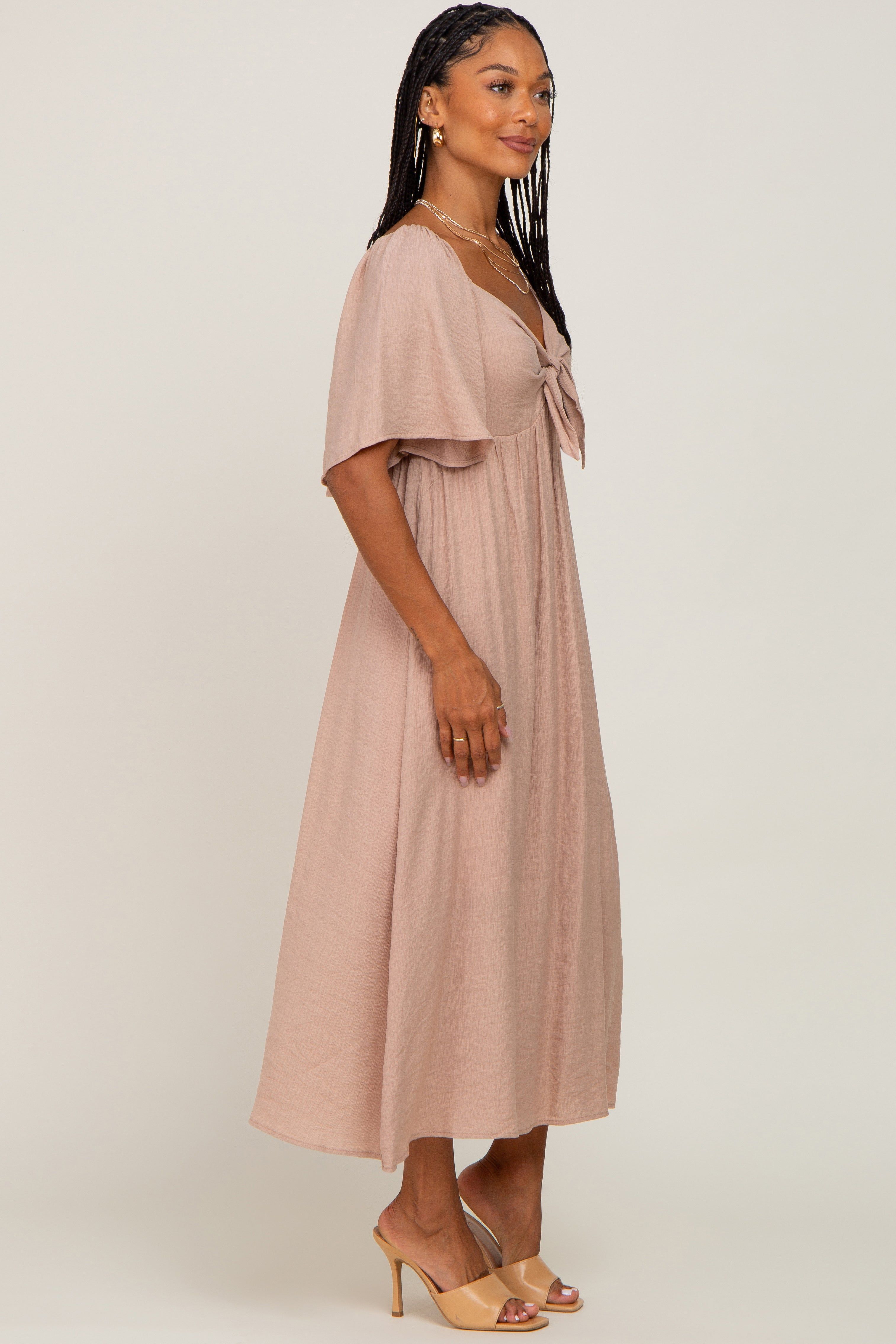 Mocha Front Tie Ruffle Sleeve Midi Dress sold by Pinkblush product image thumbnail 2