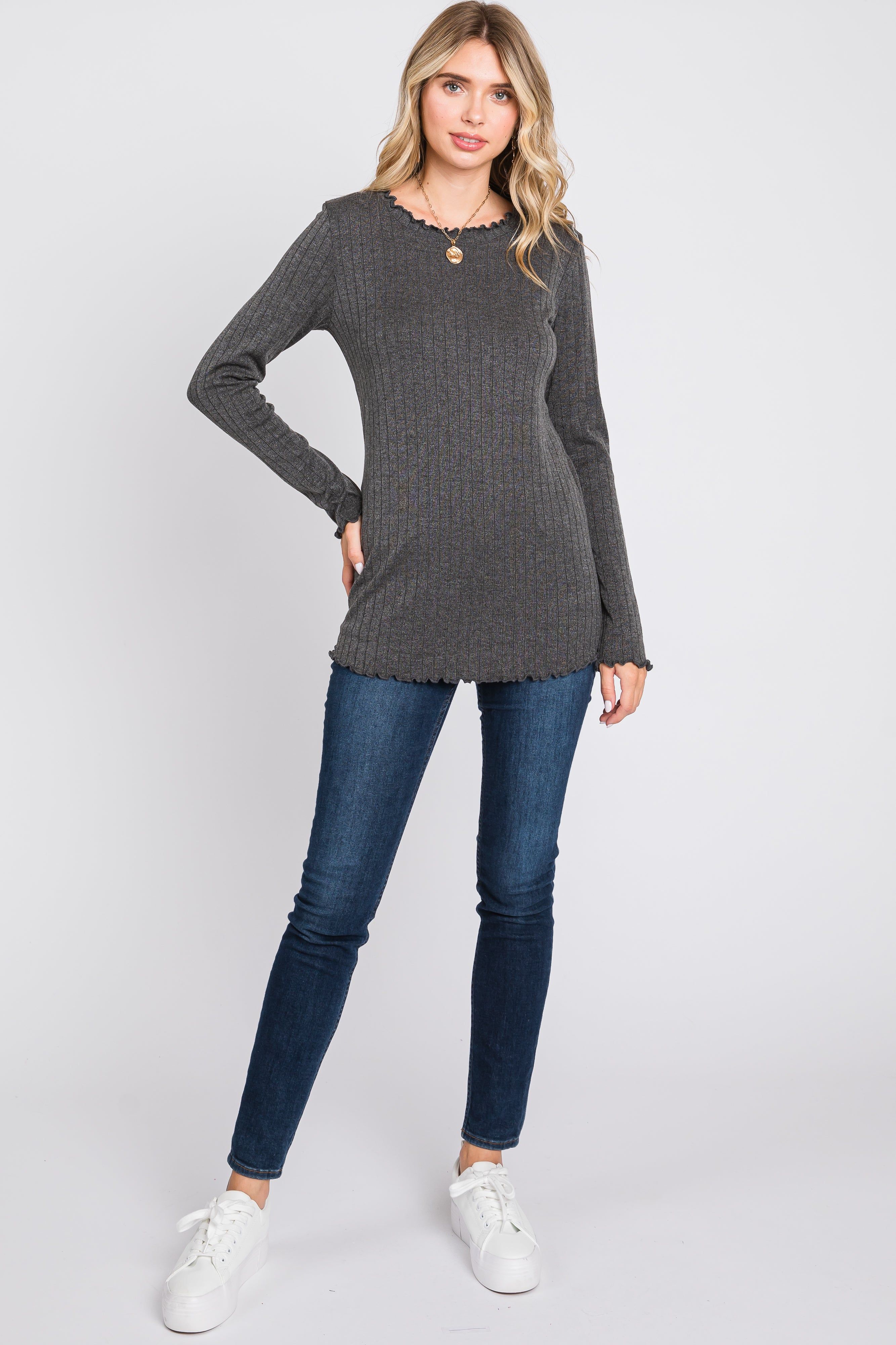 Charcoal Rib Knit Lettuce Trim Long Sleeve Top sold by Pinkblush product image thumbnail 4