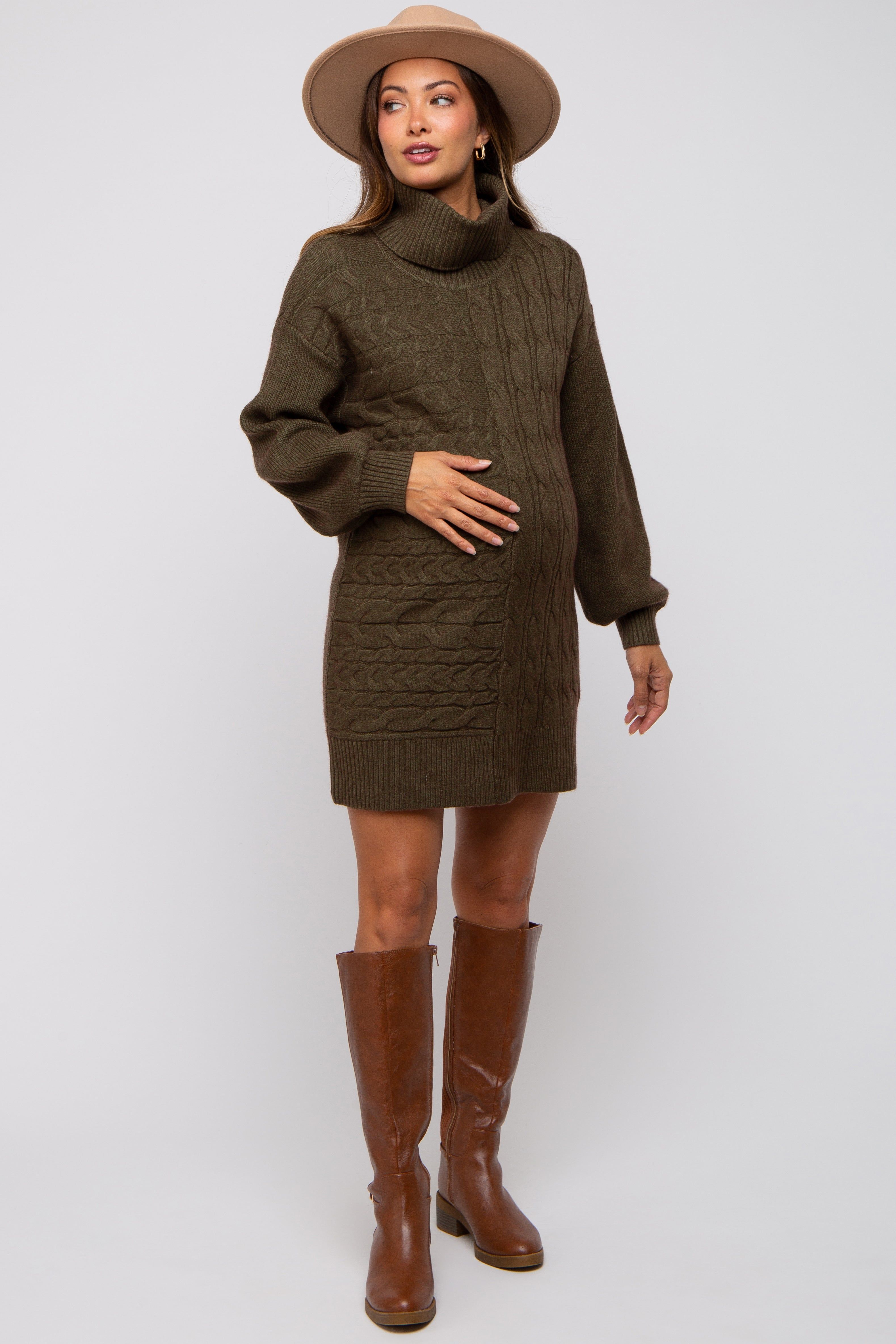 Olive Cable Knit Maternity Mini Sweater Dress sold by Pinkblush product image thumbnail 5