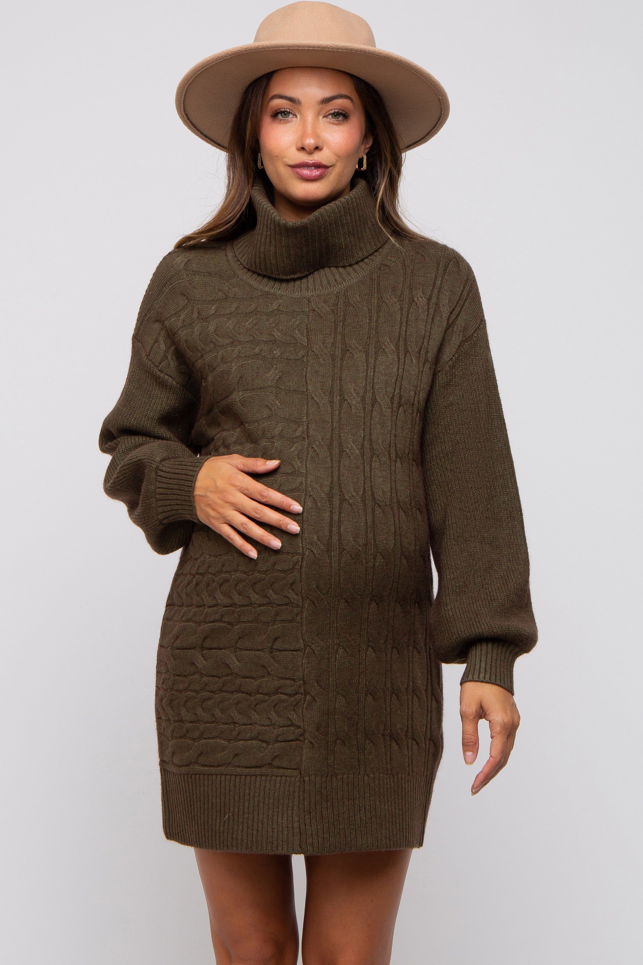 Olive Cable Knit Maternity Mini Sweater Dress sold by Pinkblush product image thumbnail 2