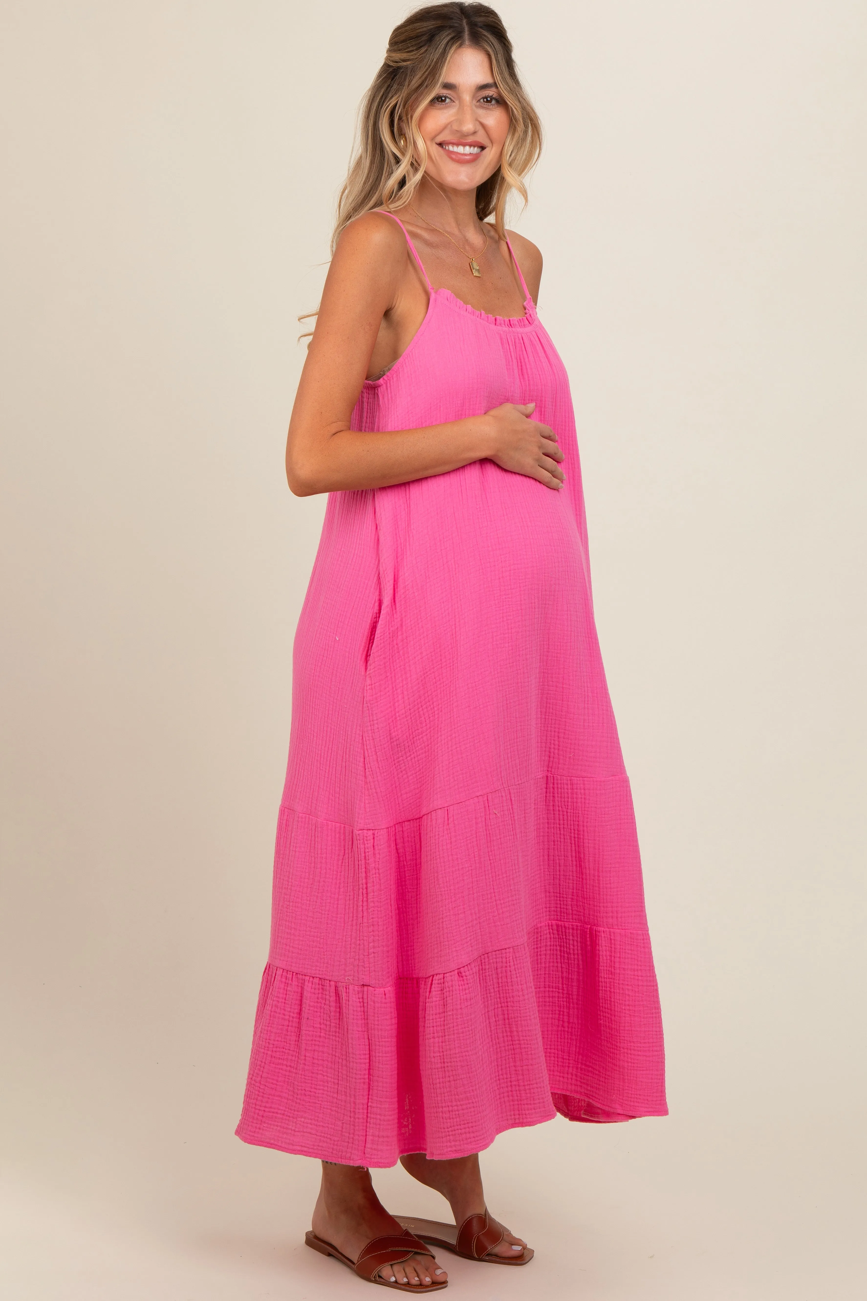 Fuchsia Tiered Hem Maternity Midi Dress sold by Pinkblush product image thumbnail 3