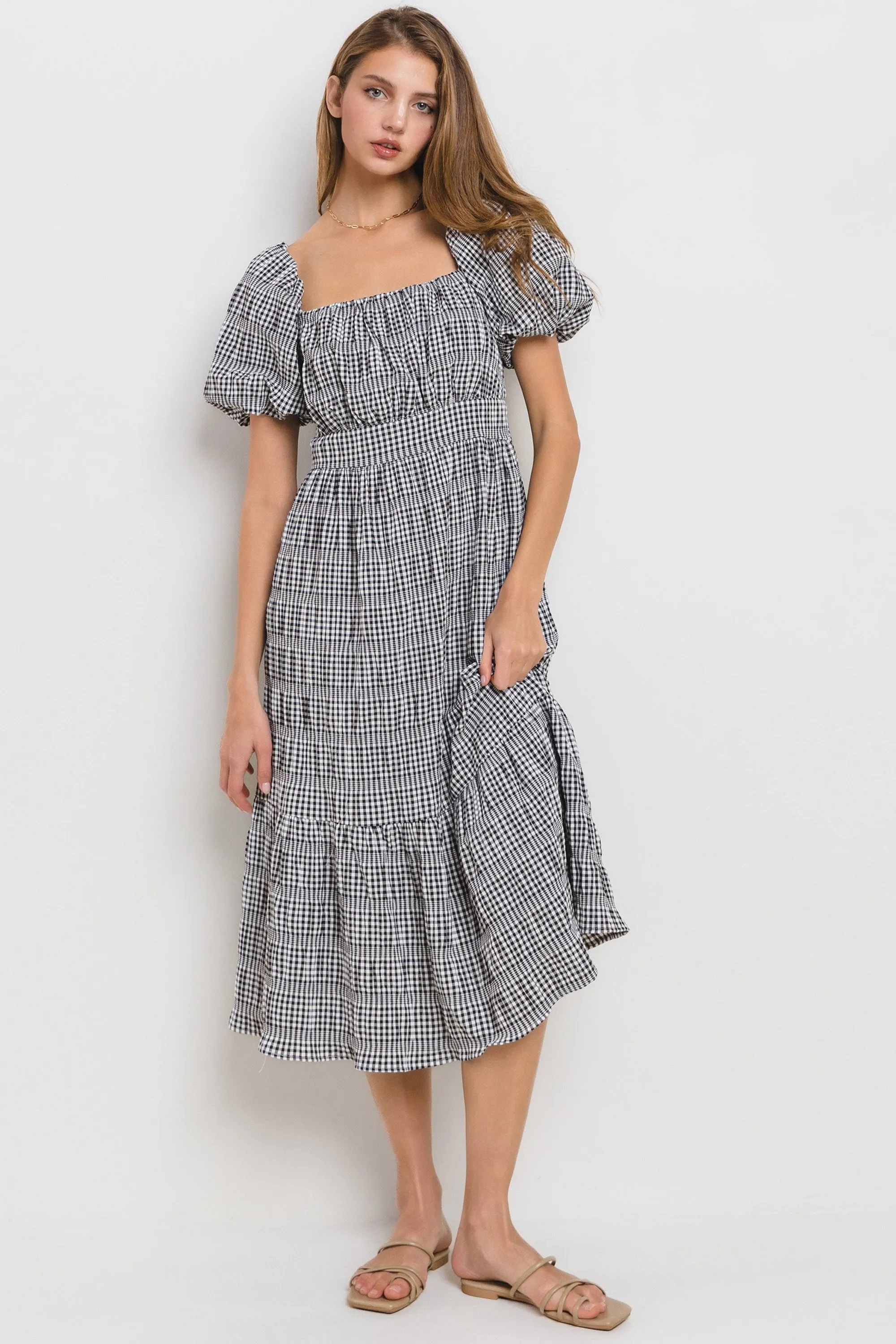 Black Gingham Square Neck Puff Sleeve Dress sold by Pinkblush