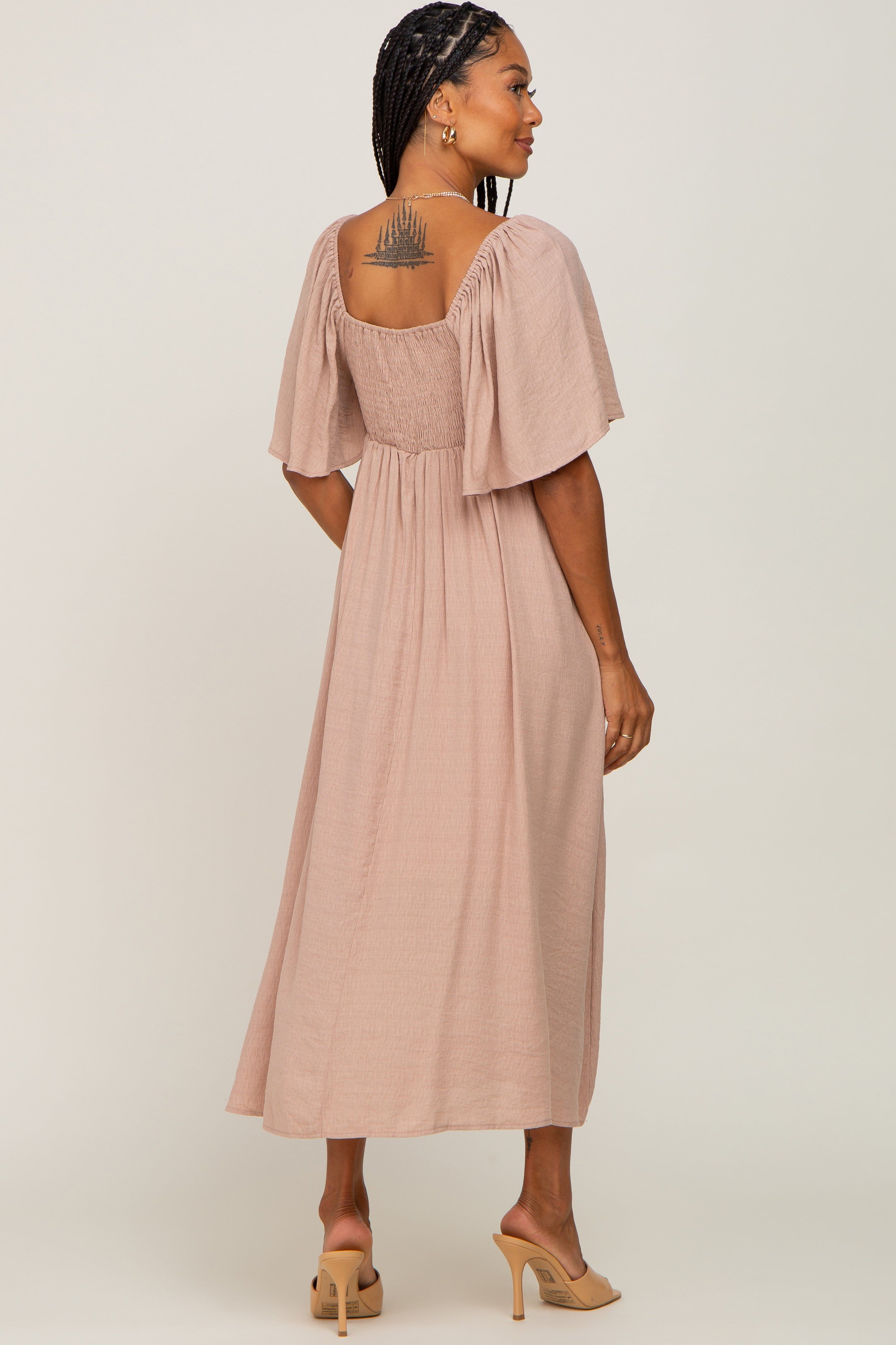 Mocha Front Tie Ruffle Sleeve Midi Dress sold by Pinkblush product image thumbnail 3