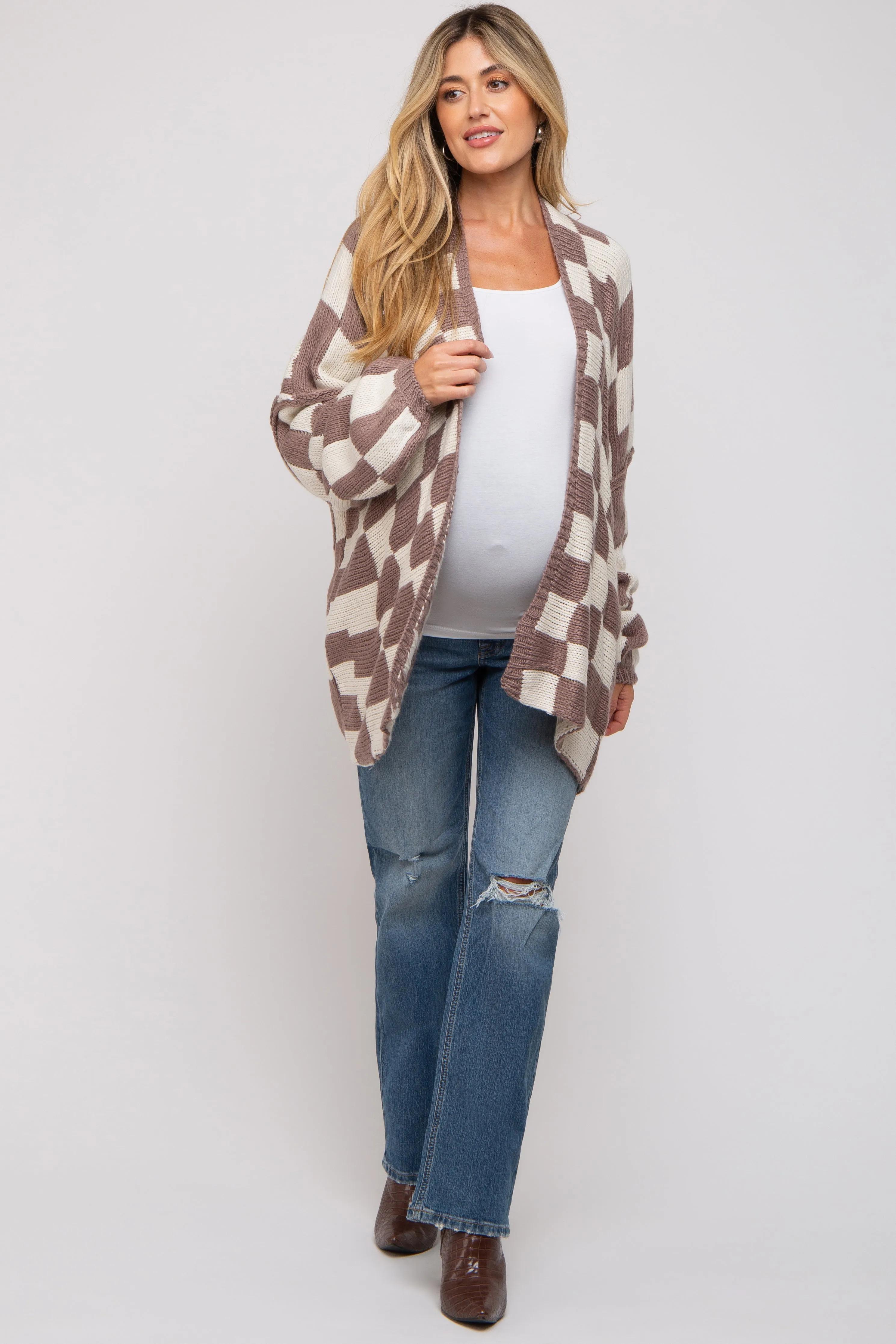 Taupe Checkered Print Oversized Maternity Cardigan sold by Pinkblush product image thumbnail 4