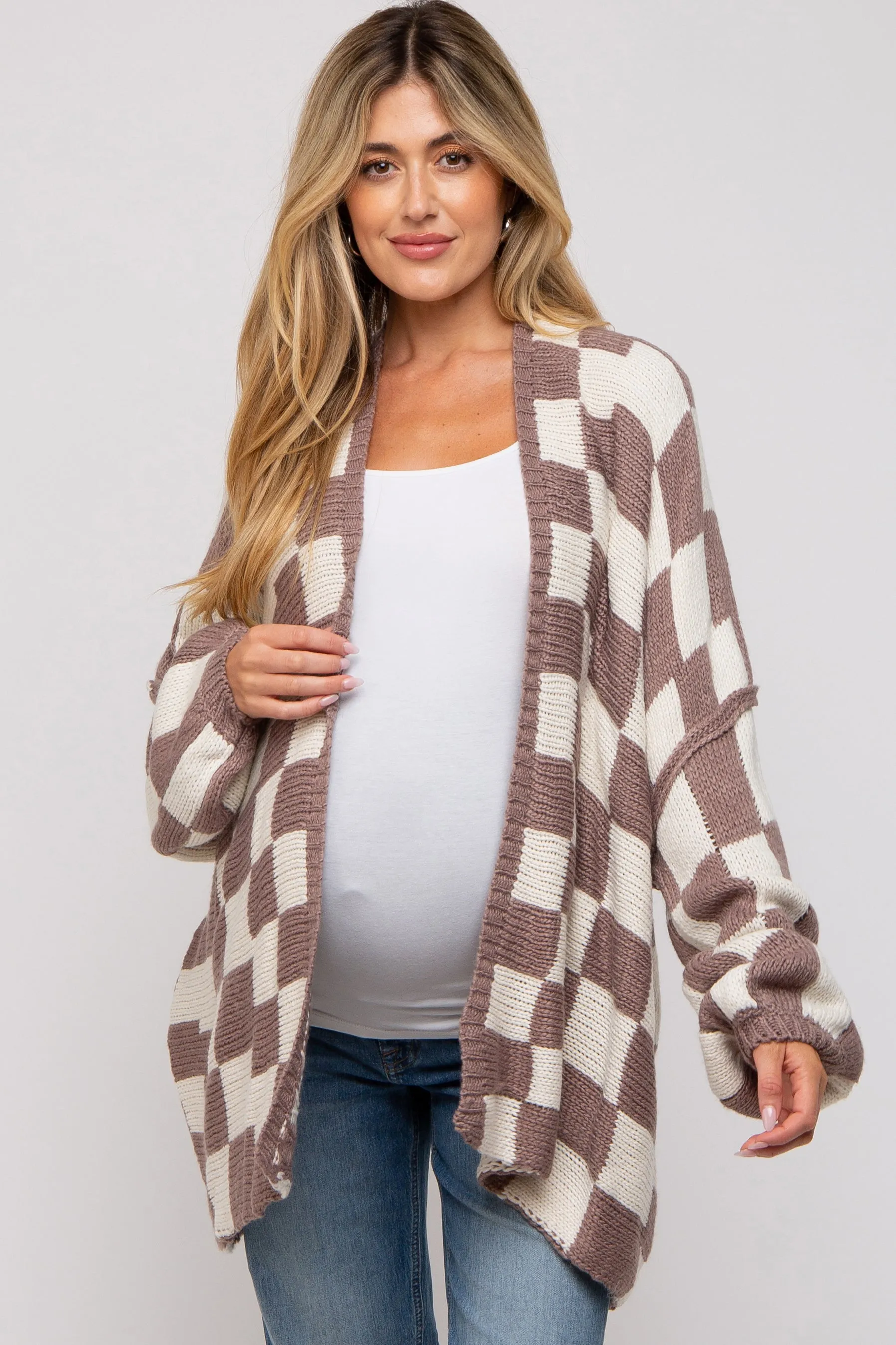 Taupe Checkered Print Oversized Maternity Cardigan sold by Pinkblush