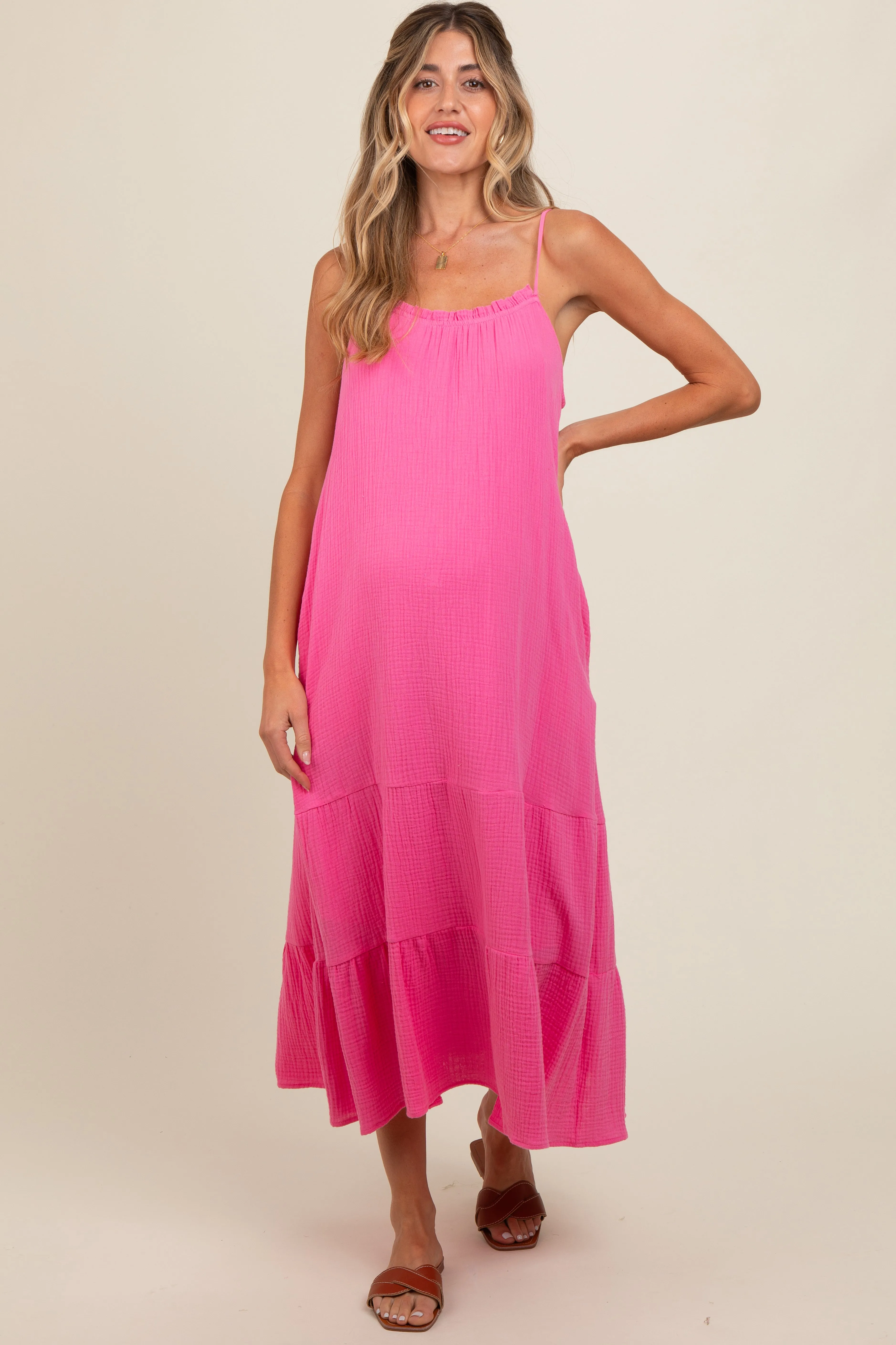 Fuchsia Tiered Hem Maternity Midi Dress sold by Pinkblush