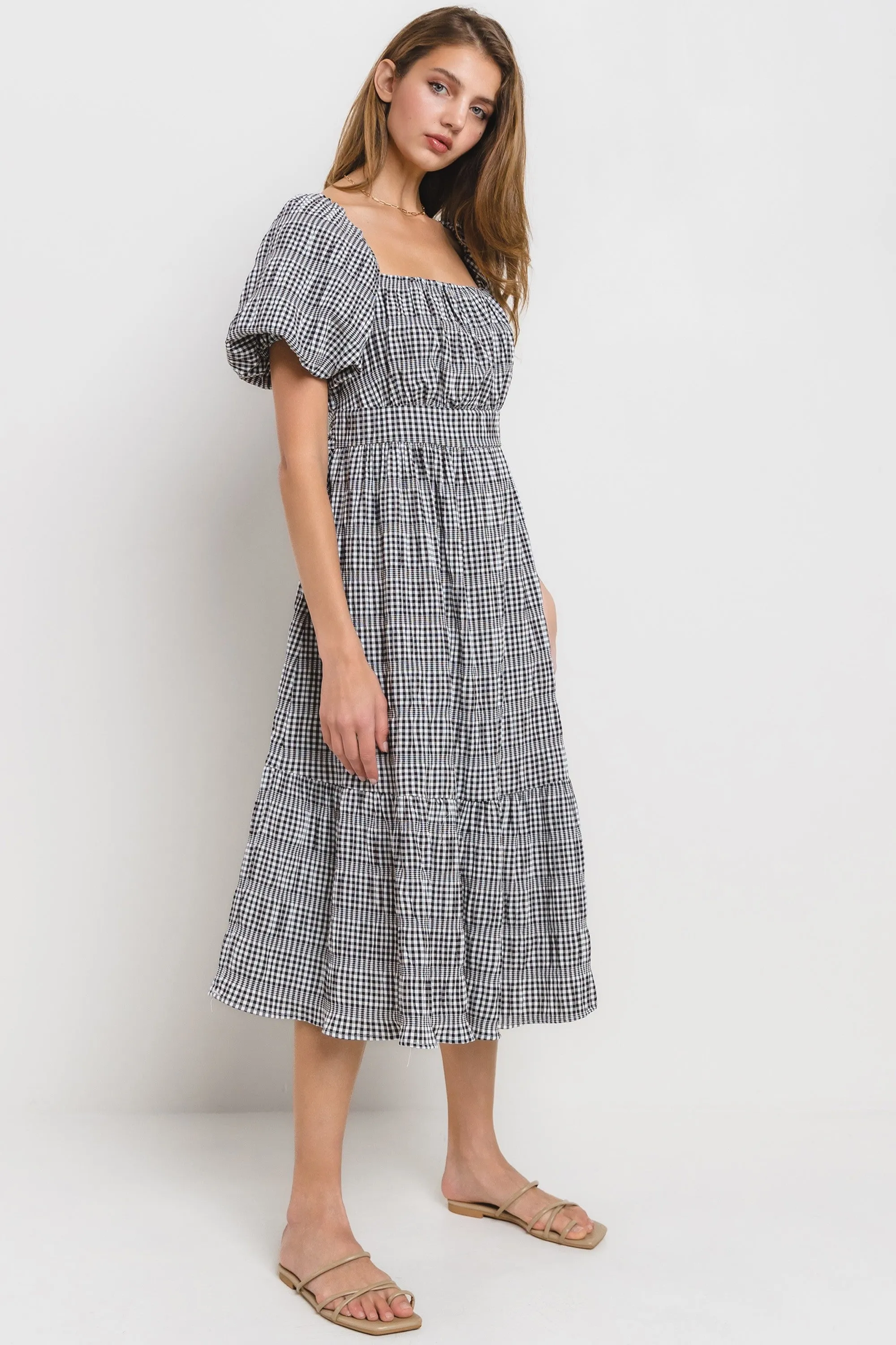 Black Gingham Square Neck Puff Sleeve Dress sold by Pinkblush product image thumbnail 2
