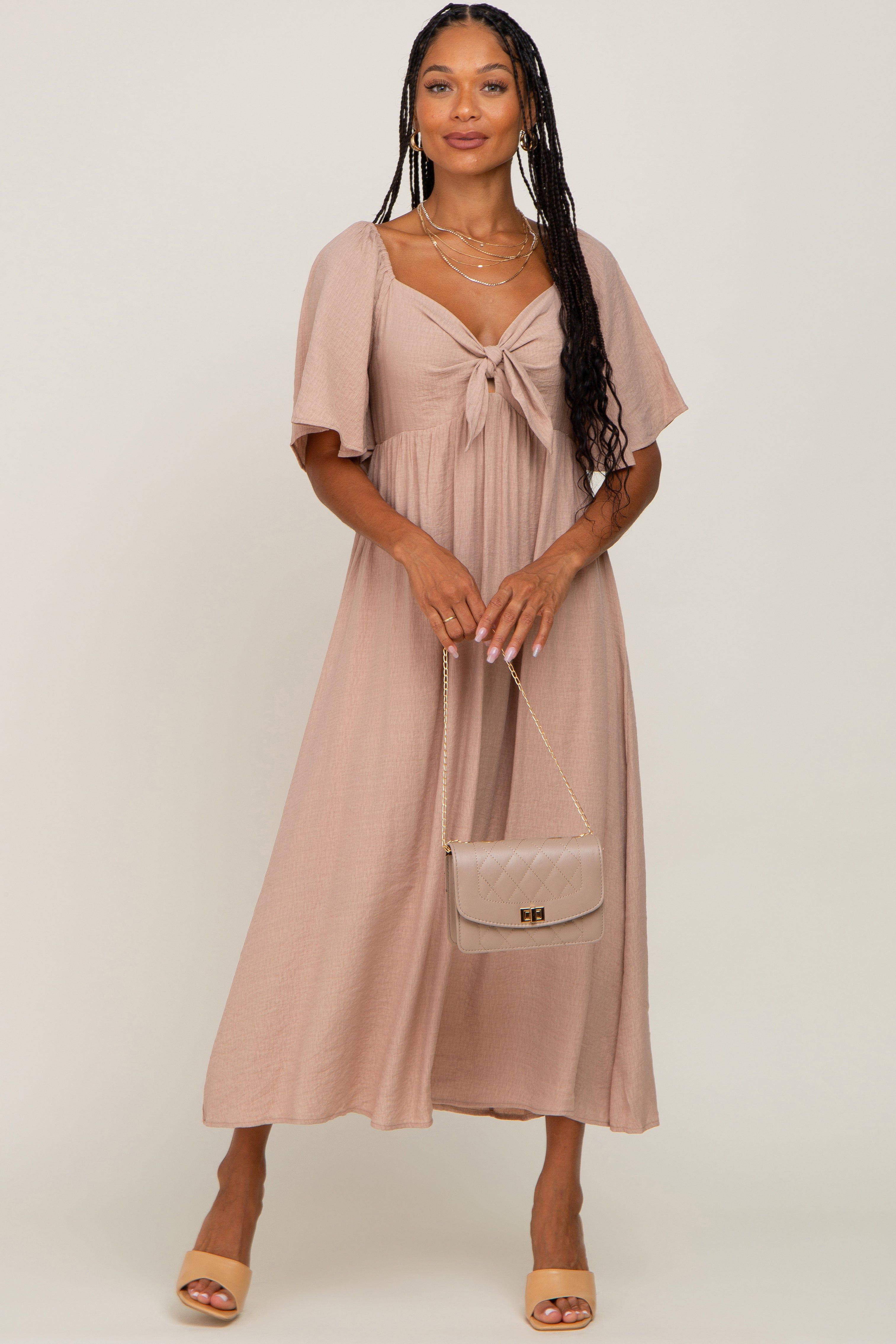 Mocha Front Tie Ruffle Sleeve Midi Dress sold by Pinkblush product image thumbnail 4