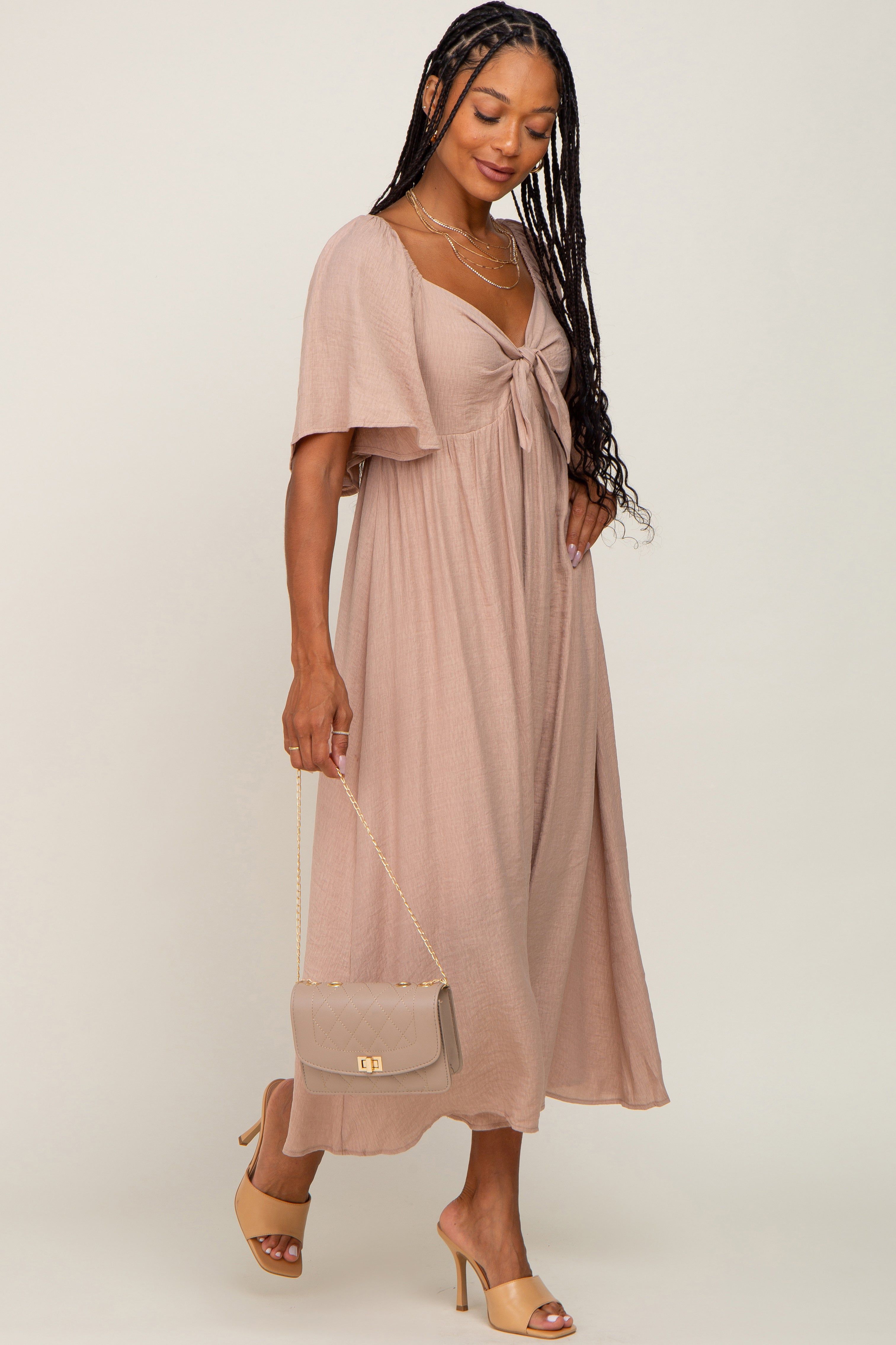 Mocha Front Tie Ruffle Sleeve Midi Dress sold by Pinkblush