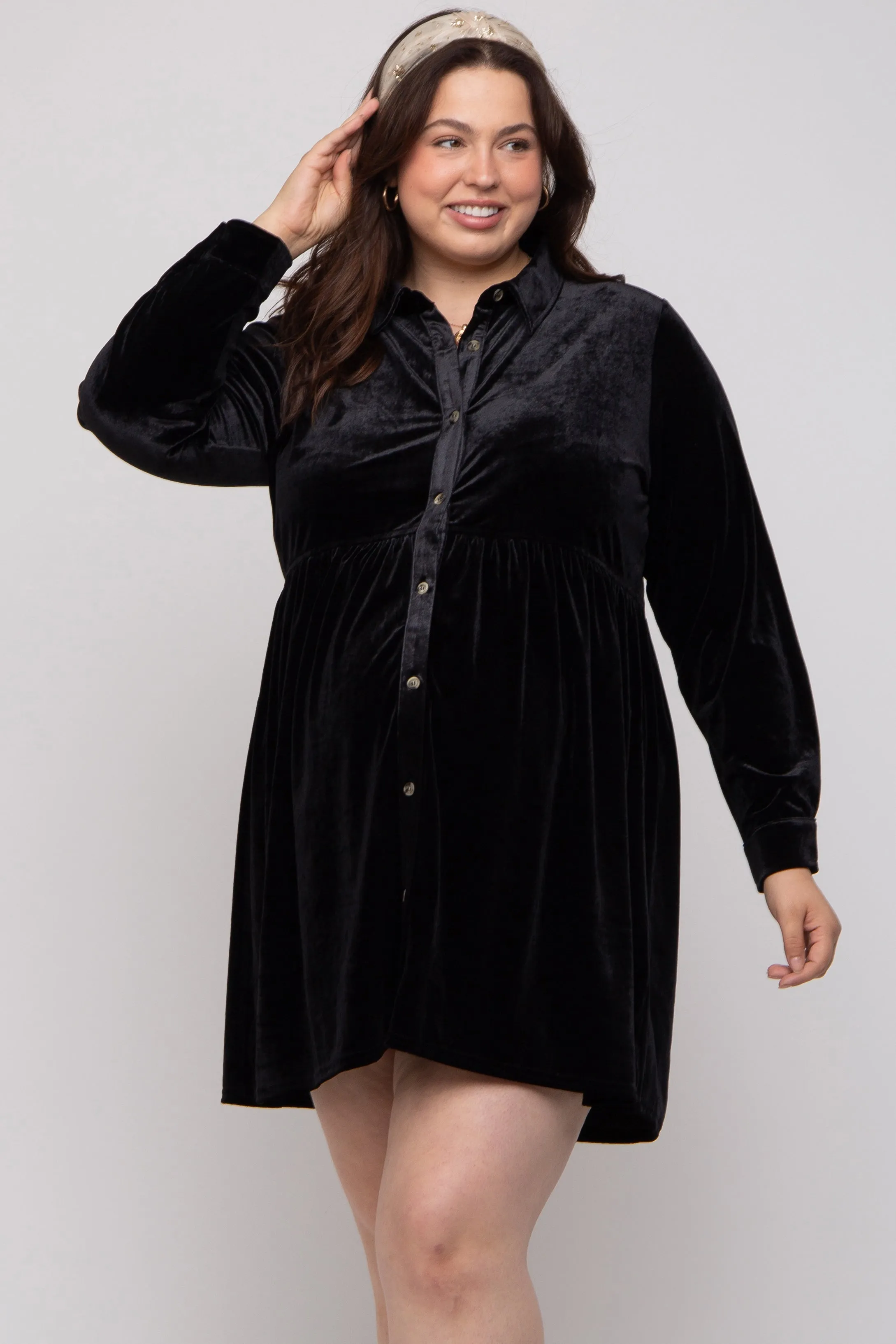 Black Velvet Button Down Maternity Plus Mini Dress sold by Pinkblush product image thumbnail 2