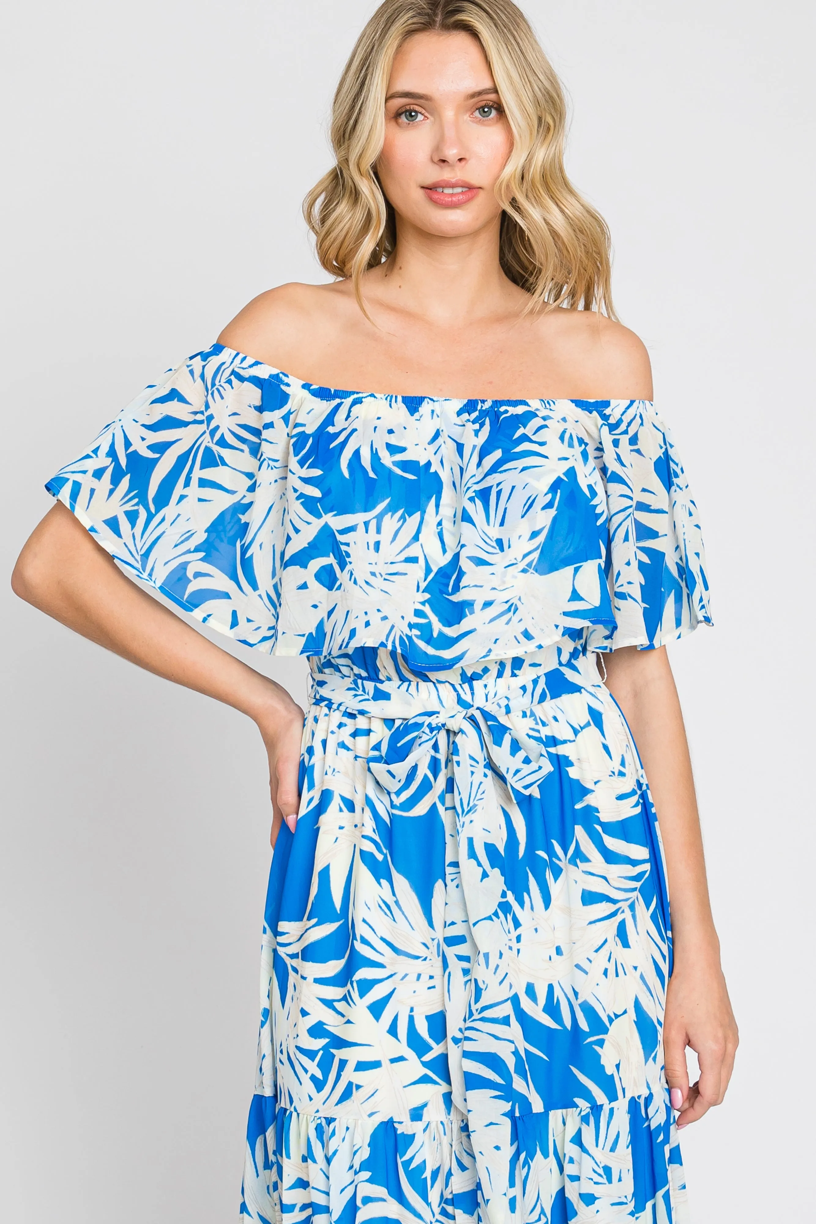 Blue Leaf Print Strapless Tiered Maxi Dress sold by Pinkblush product image thumbnail 4