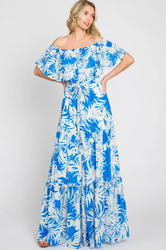 Blue Leaf Print Strapless Tiered Maxi Dress sold by Pinkblush