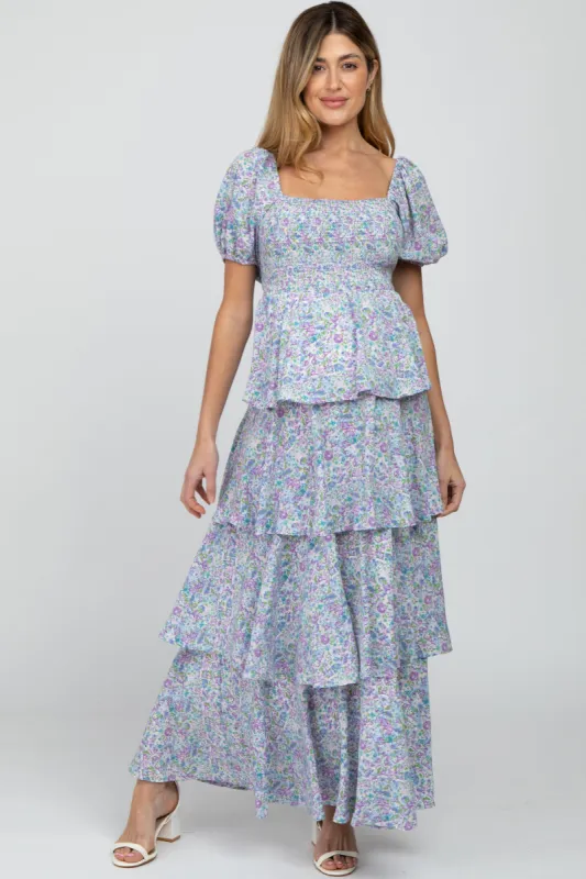 Blue Floral Square Neck Ruffle Layered Maternity Maxi Dress sold by Pinkblush