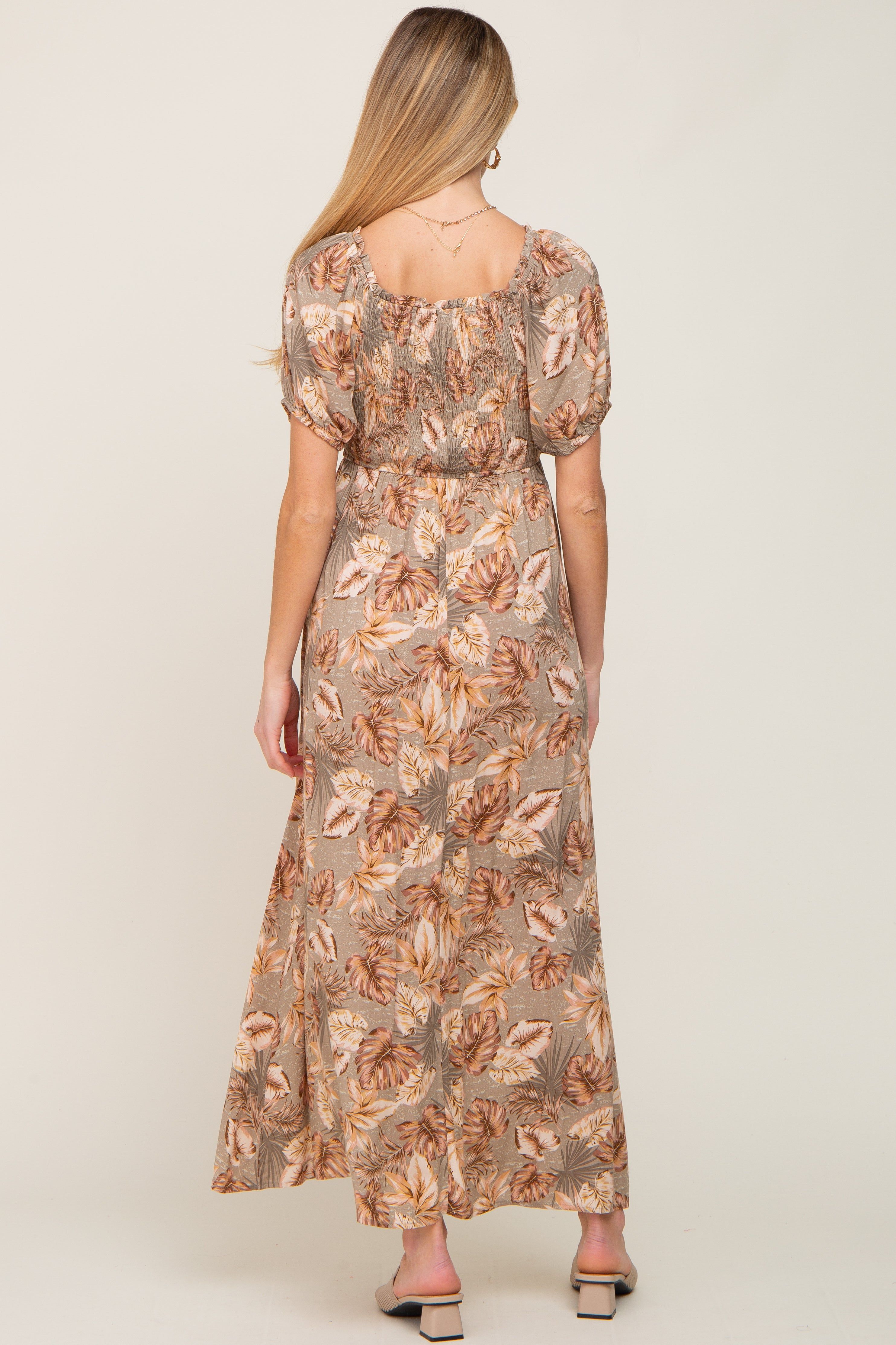 Taupe Leaf Print Cinched Accent Maternity Maxi Dress sold by Pinkblush product image thumbnail 3