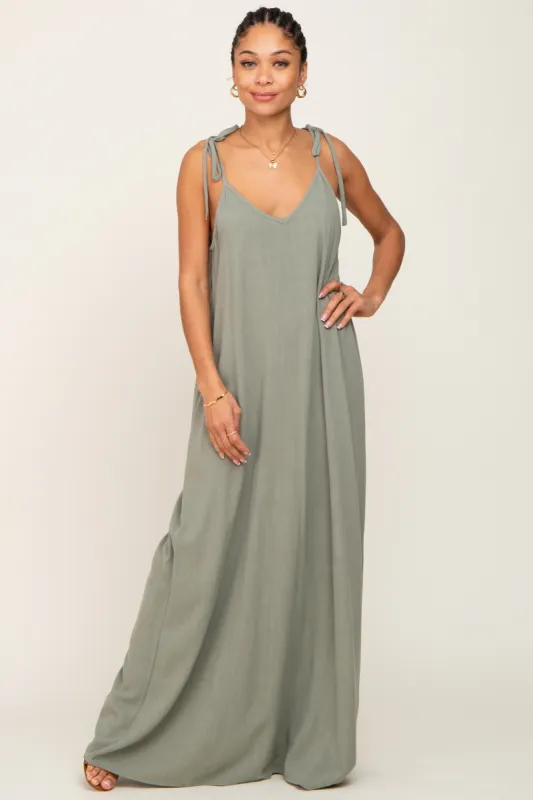 Light Olive Linen V-Neck Tie Strap Maxi Dress sold by Pinkblush