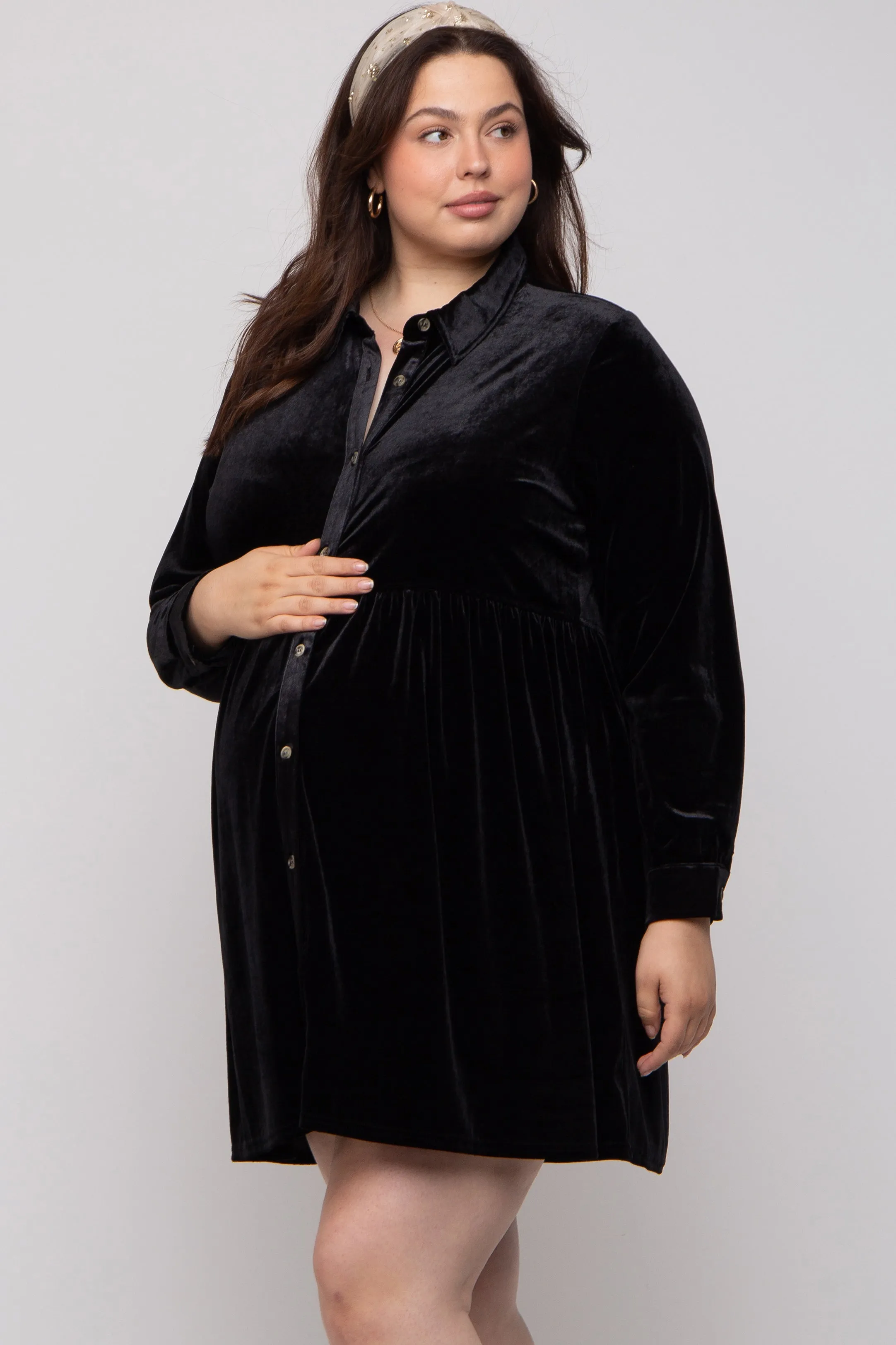 Black Velvet Button Down Maternity Plus Mini Dress sold by Pinkblush product image thumbnail 3