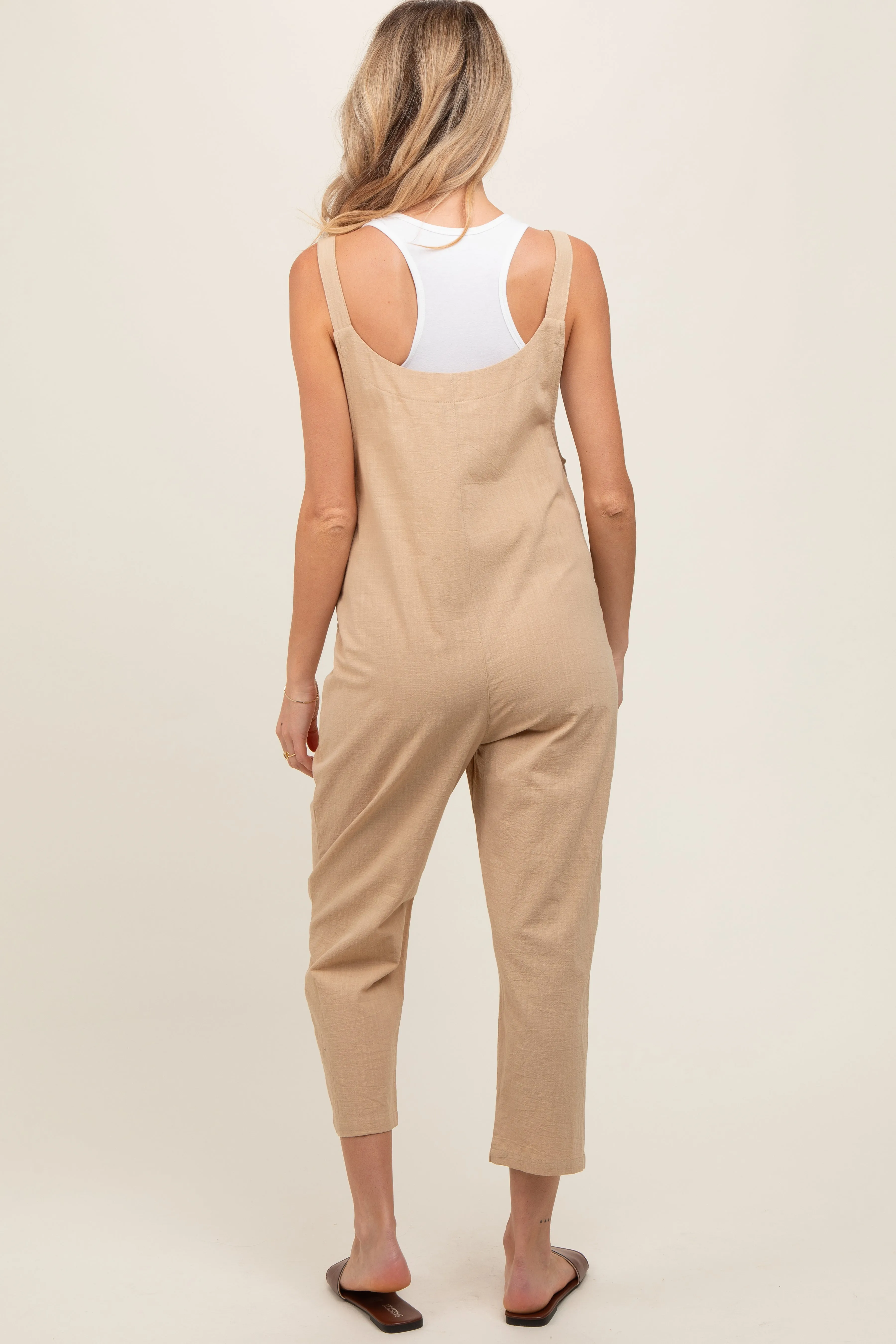 Taupe Button Down Maternity Cropped Jumpsuit sold by Pinkblush product image thumbnail 4
