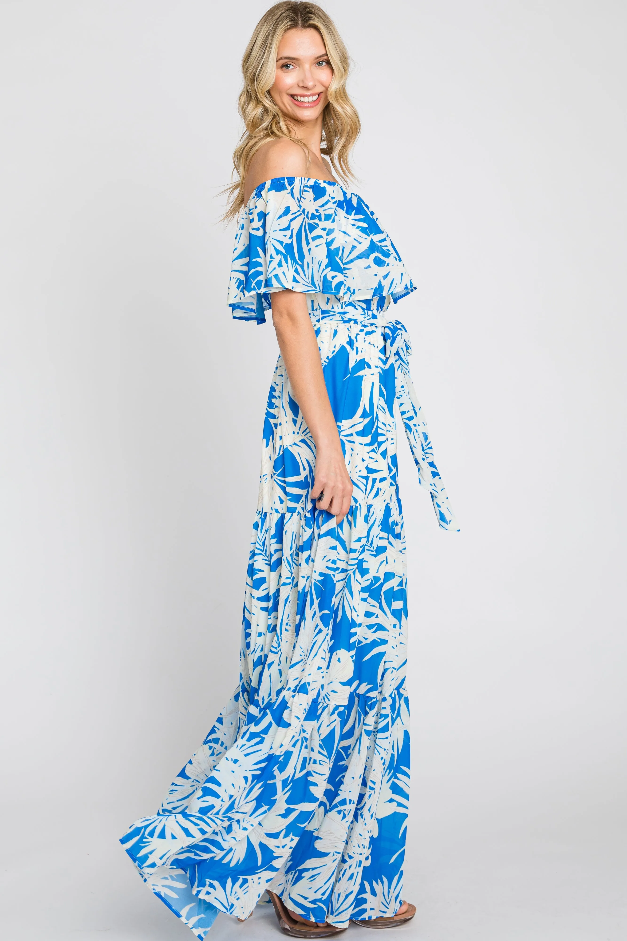 Blue Leaf Print Strapless Tiered Maxi Dress sold by Pinkblush product image thumbnail 2
