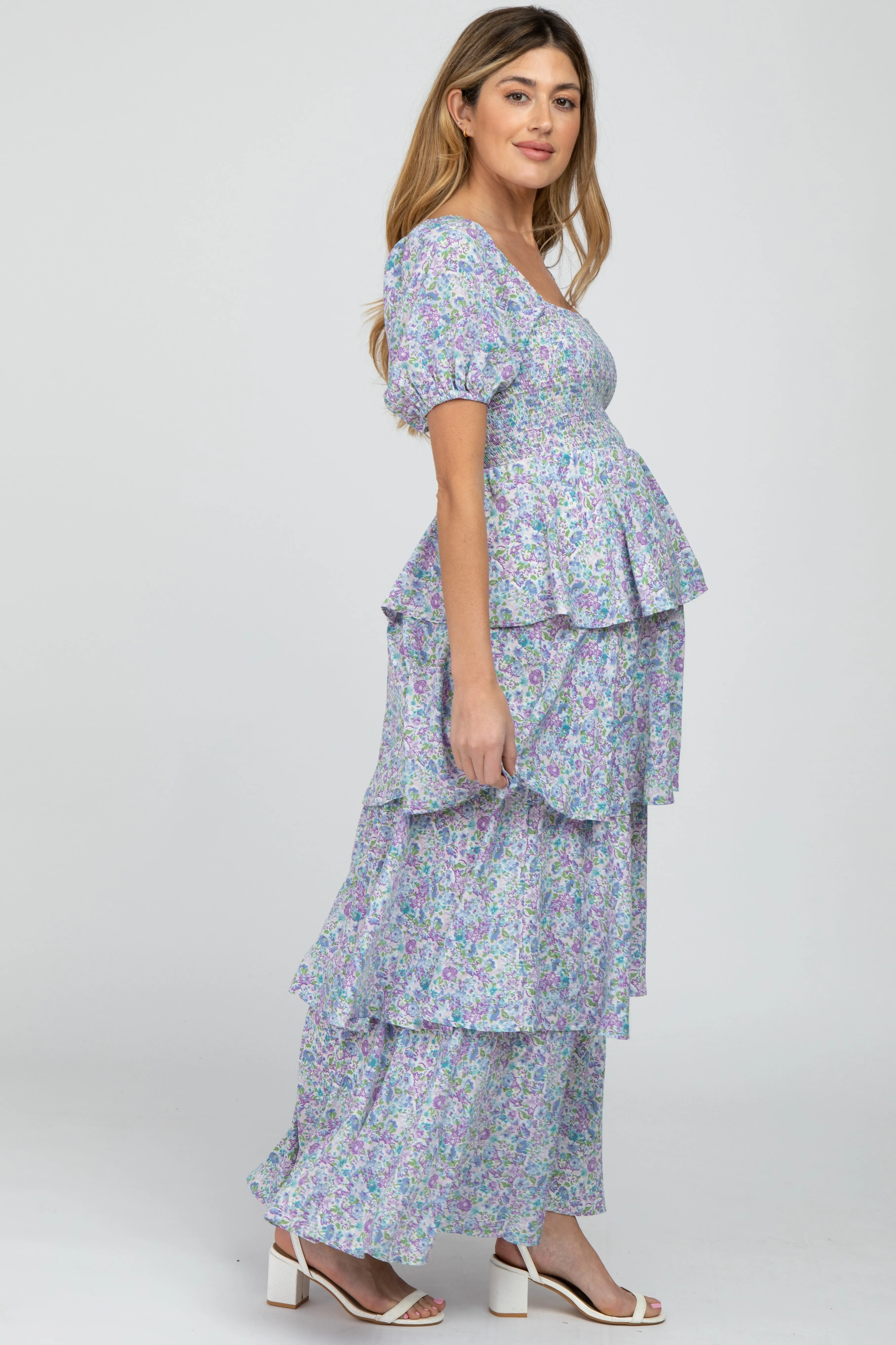 Blue Floral Square Neck Ruffle Layered Maternity Maxi Dress sold by Pinkblush product image thumbnail 2