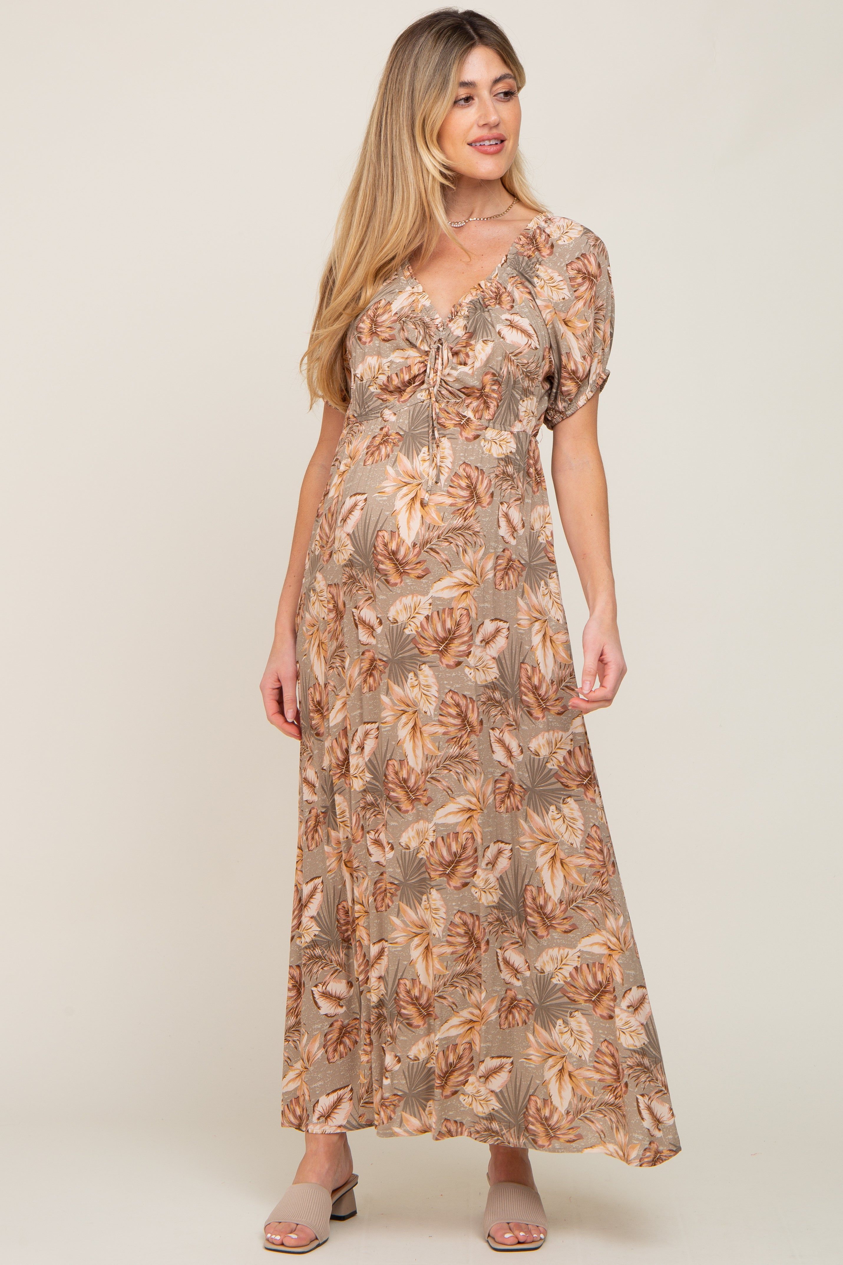 Taupe Leaf Print Cinched Accent Maternity Maxi Dress sold by Pinkblush