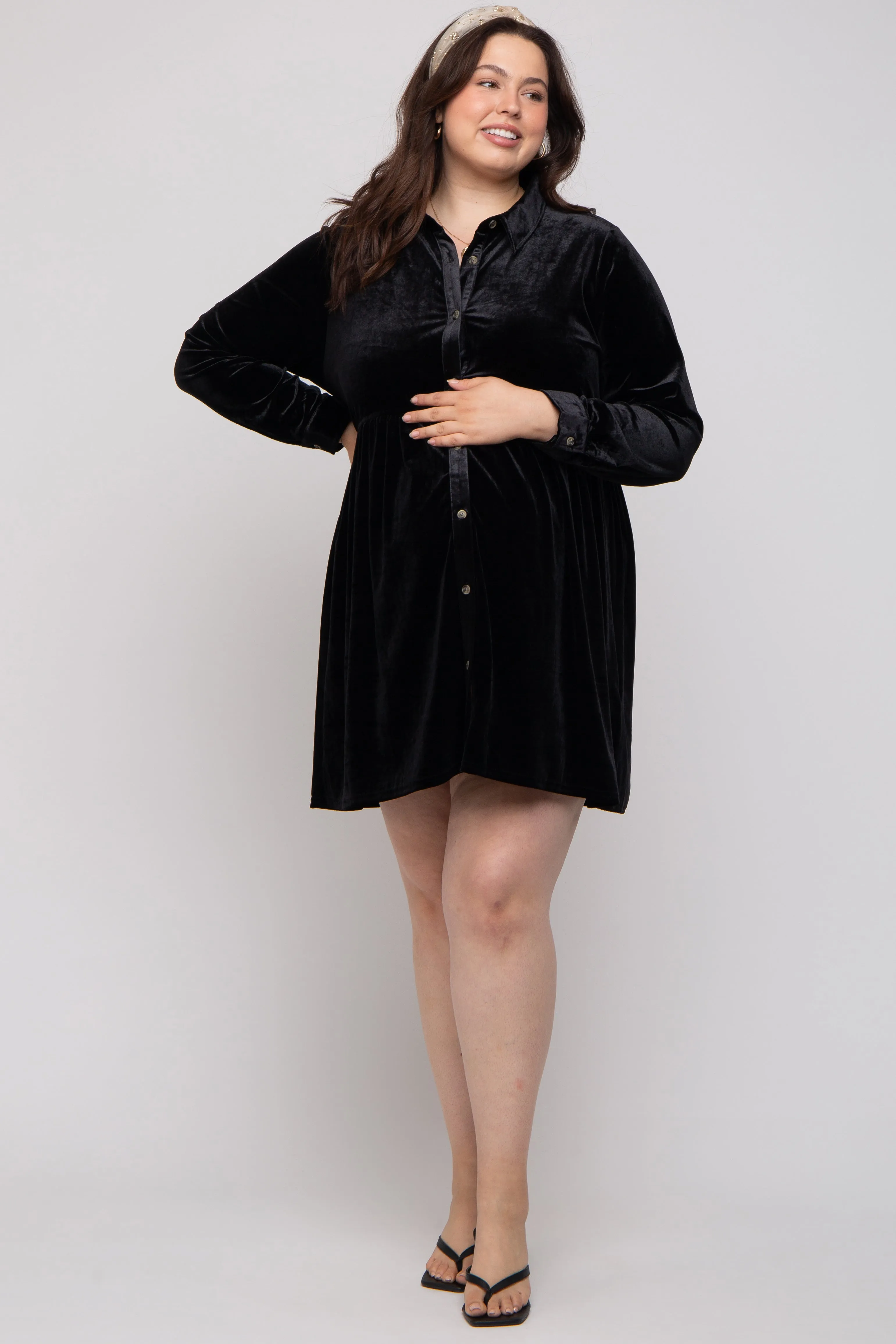 Black Velvet Button Down Maternity Plus Mini Dress sold by Pinkblush