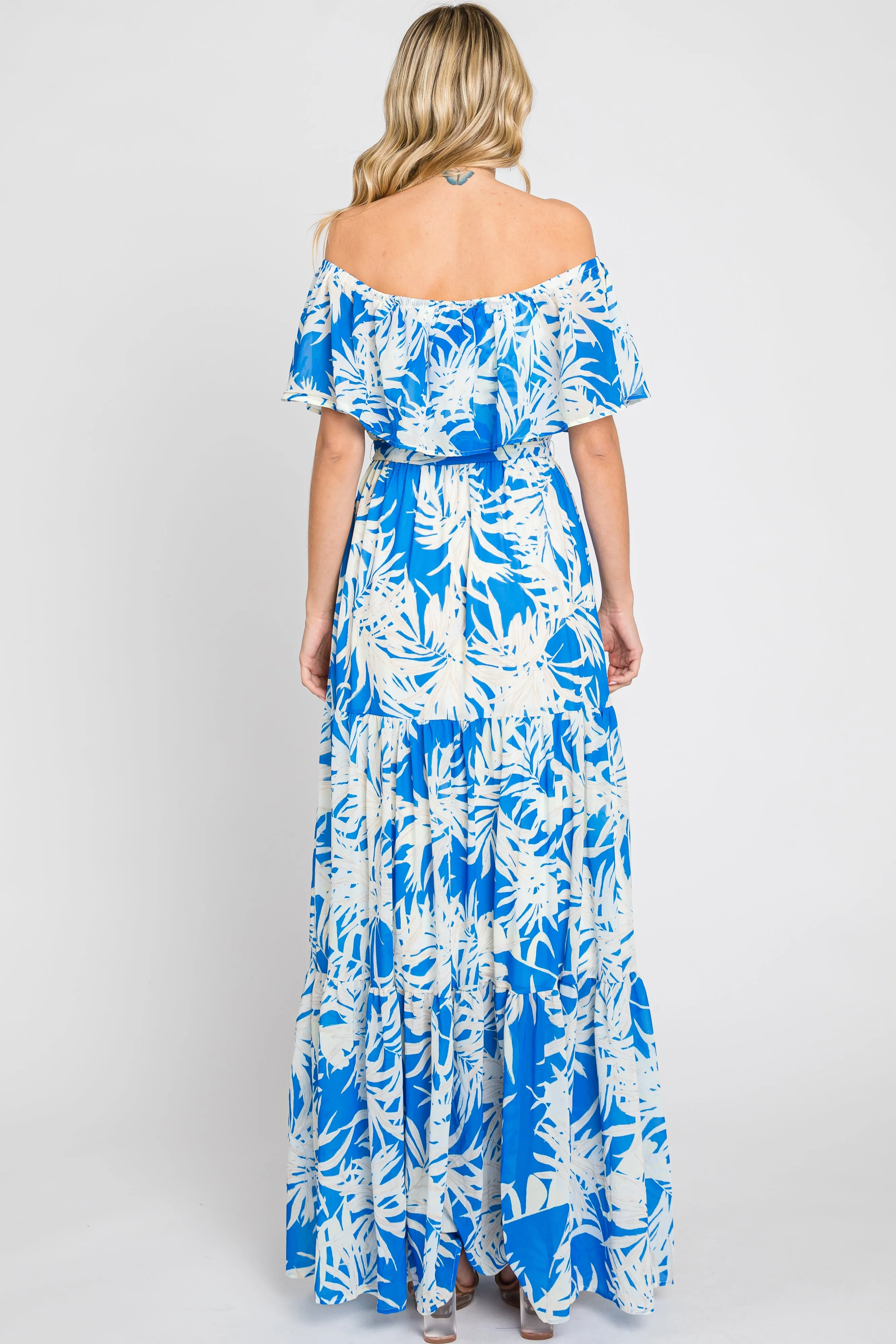 Blue Leaf Print Strapless Tiered Maxi Dress sold by Pinkblush product image thumbnail 3
