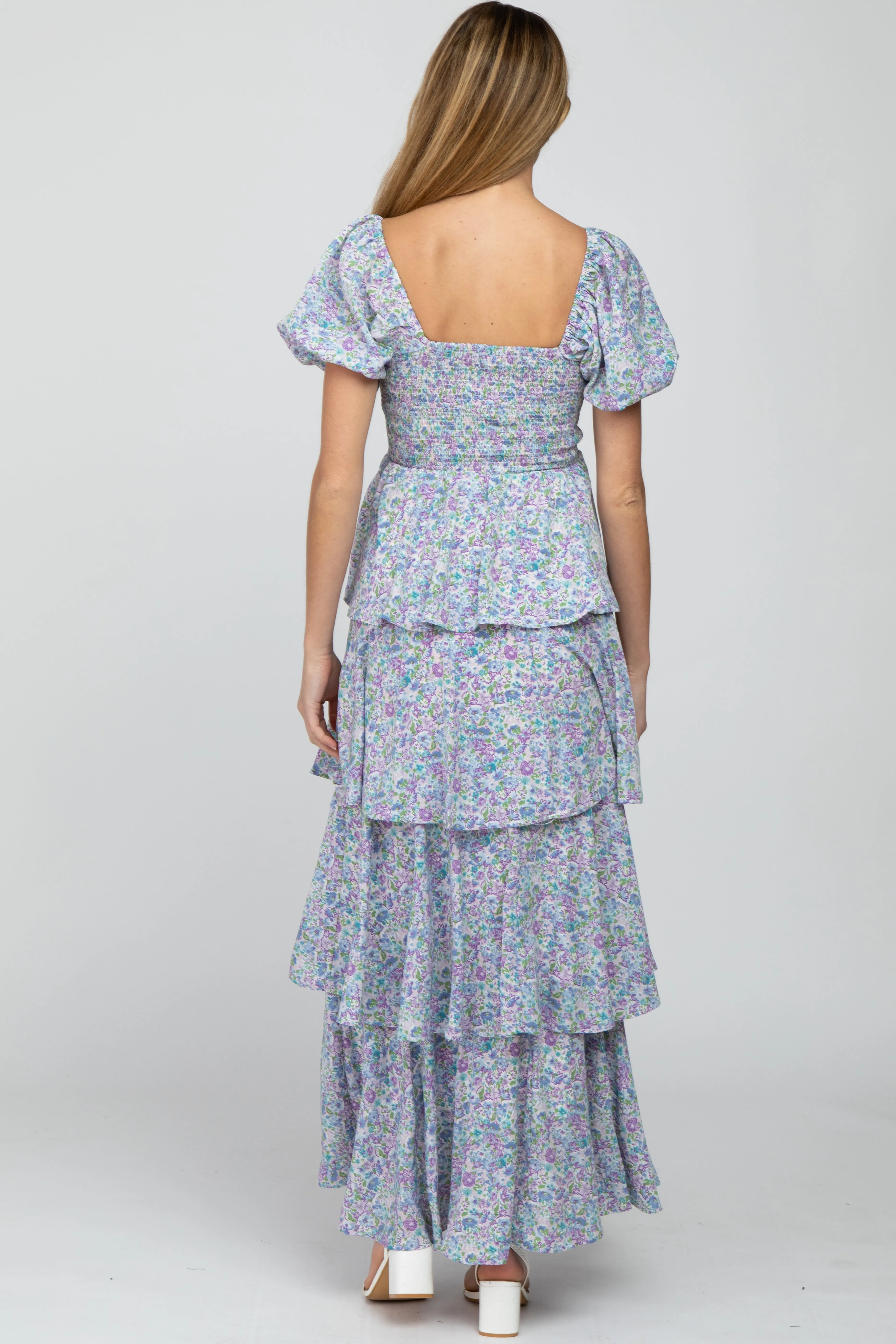 Blue Floral Square Neck Ruffle Layered Maternity Maxi Dress sold by Pinkblush product image thumbnail 3