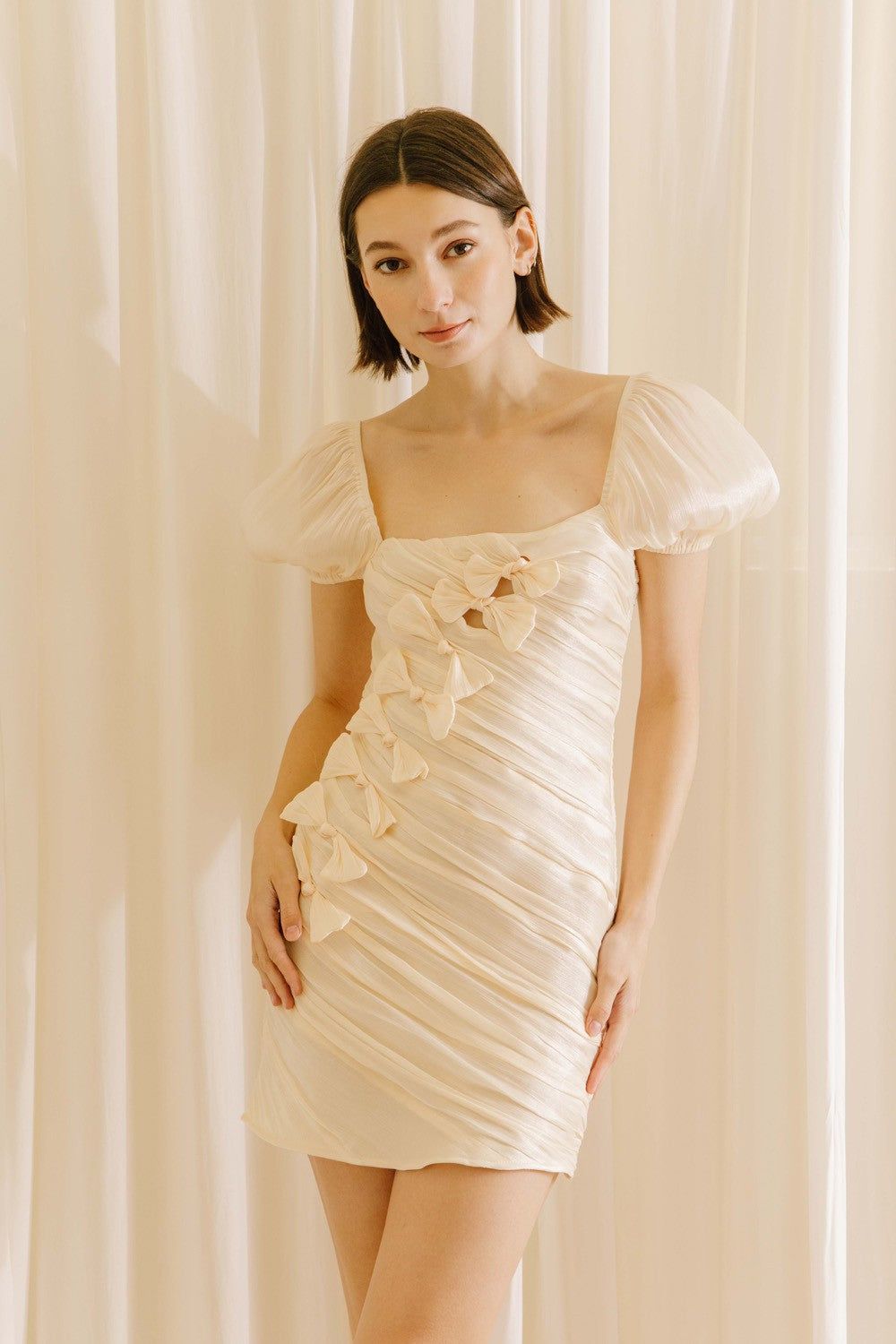 Cream Satin Shiny Sheen Bow Mini Dress sold by Pinkblush