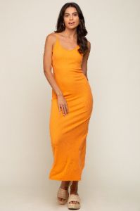Orange Ribbed Sleeveless Maxi Dress sold by Pinkblush