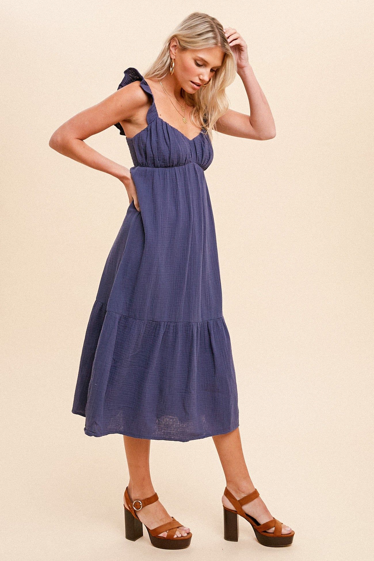 Navy Gauze Ruffle Midi Dress sold by Pinkblush product image thumbnail 5