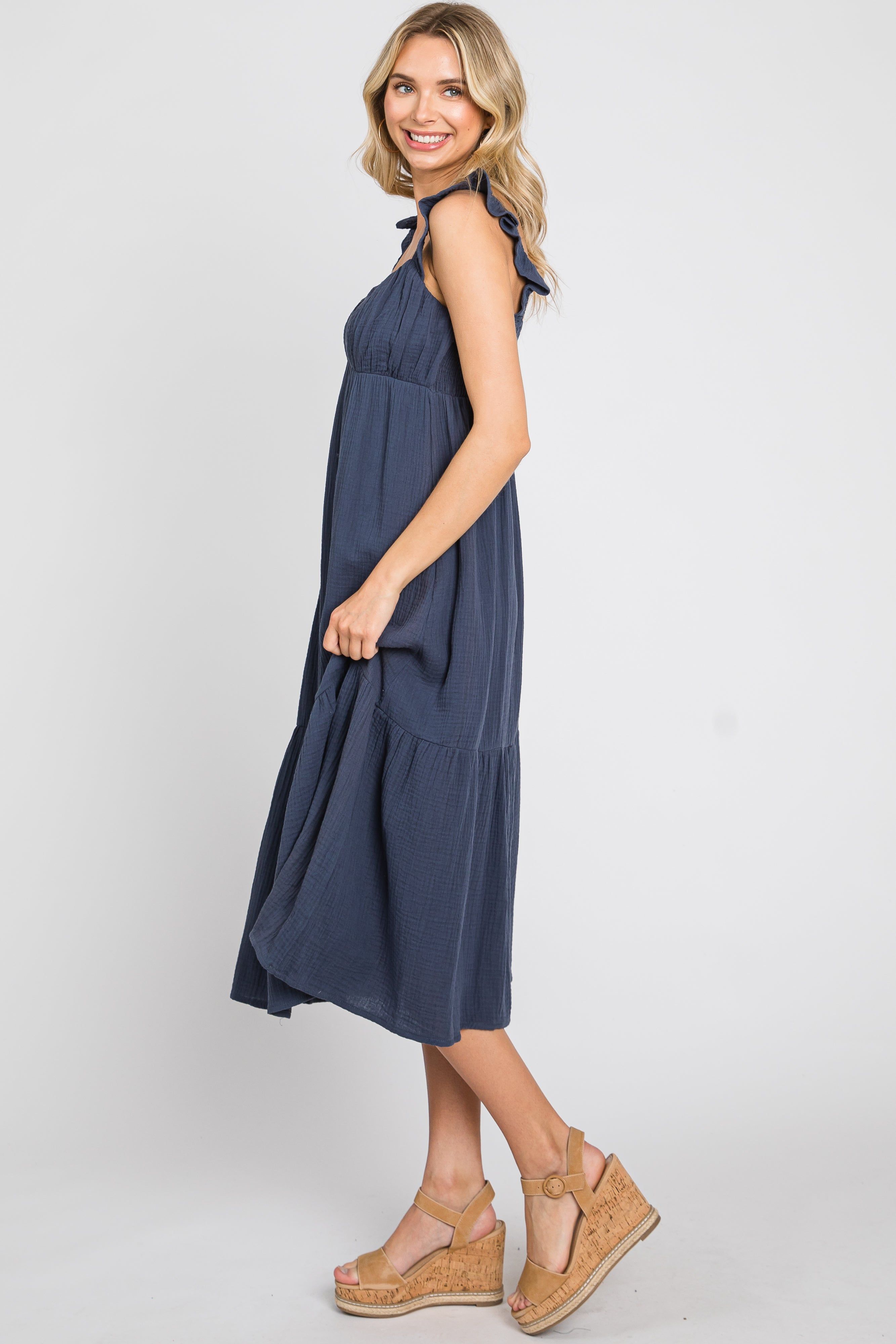 Navy Gauze Ruffle Midi Dress sold by Pinkblush product image thumbnail 2