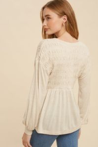 Oatmeal Long Sleeve V Neck Babydoll Blouse sold by Pinkblush