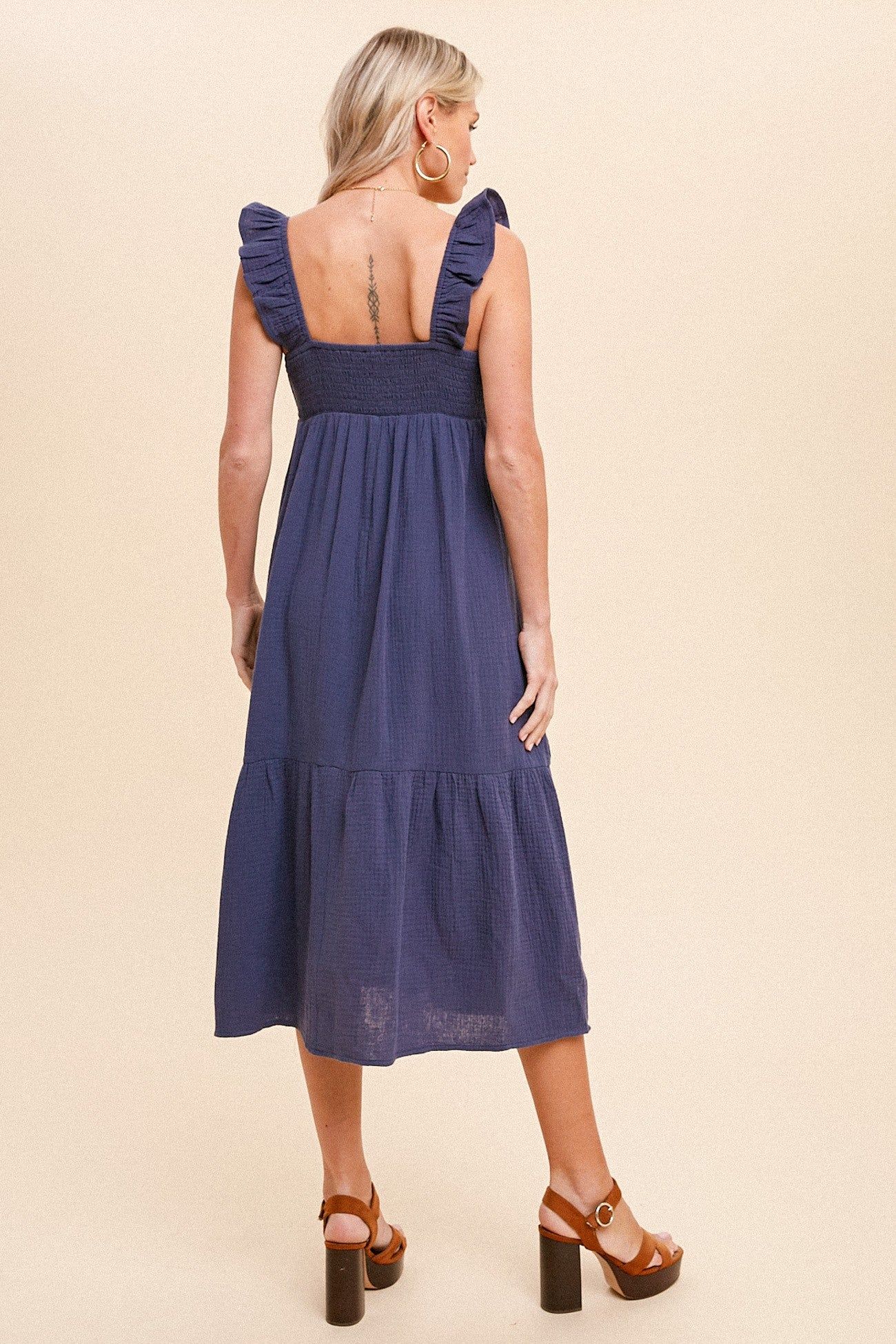 Navy Gauze Ruffle Midi Dress sold by Pinkblush product image thumbnail 6
