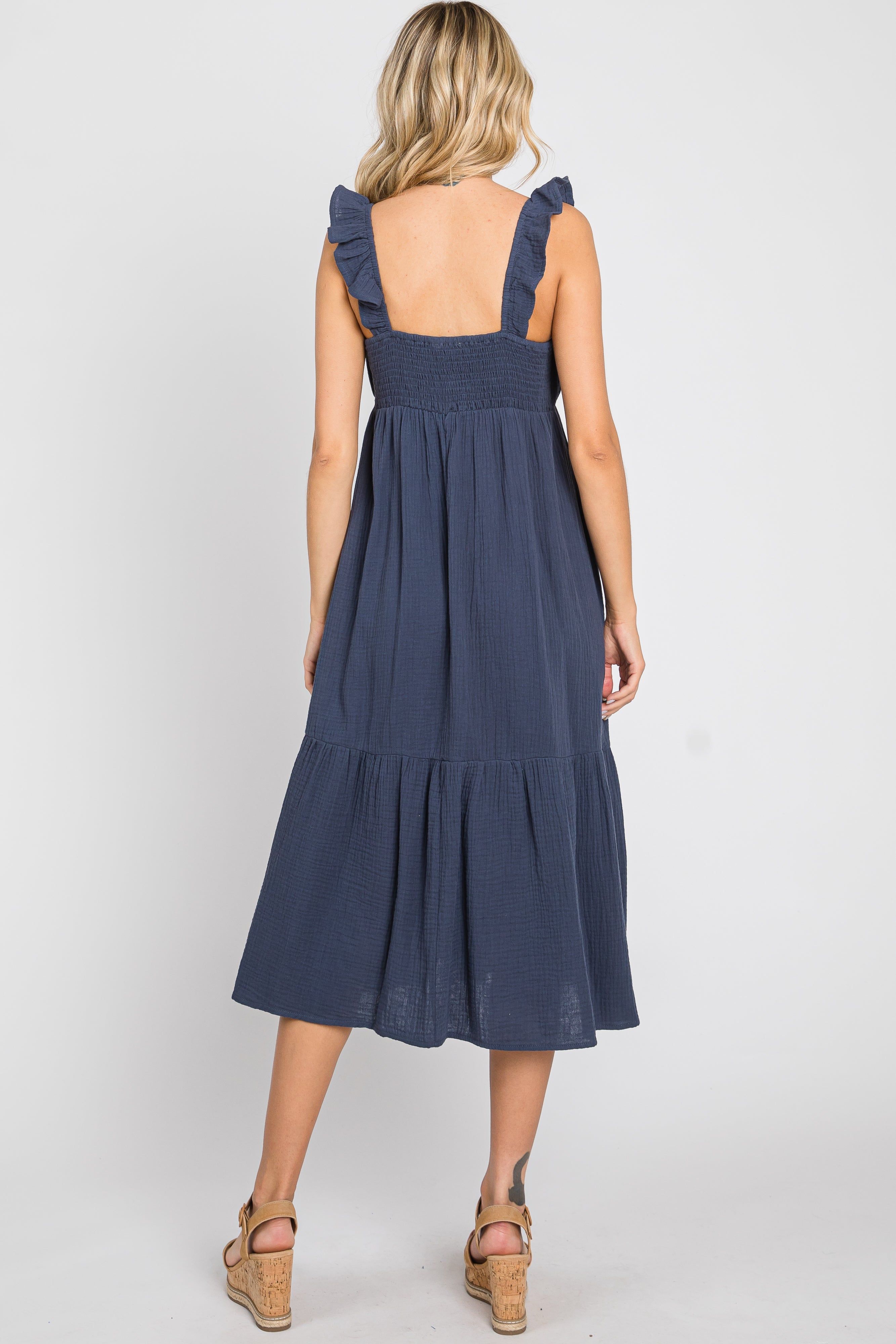 Navy Gauze Ruffle Midi Dress sold by Pinkblush product image thumbnail 3
