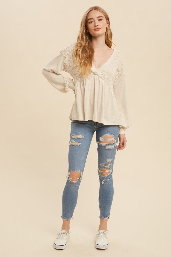 Oatmeal Long Sleeve V Neck Babydoll Blouse sold by Pinkblush product image thumbnail 4