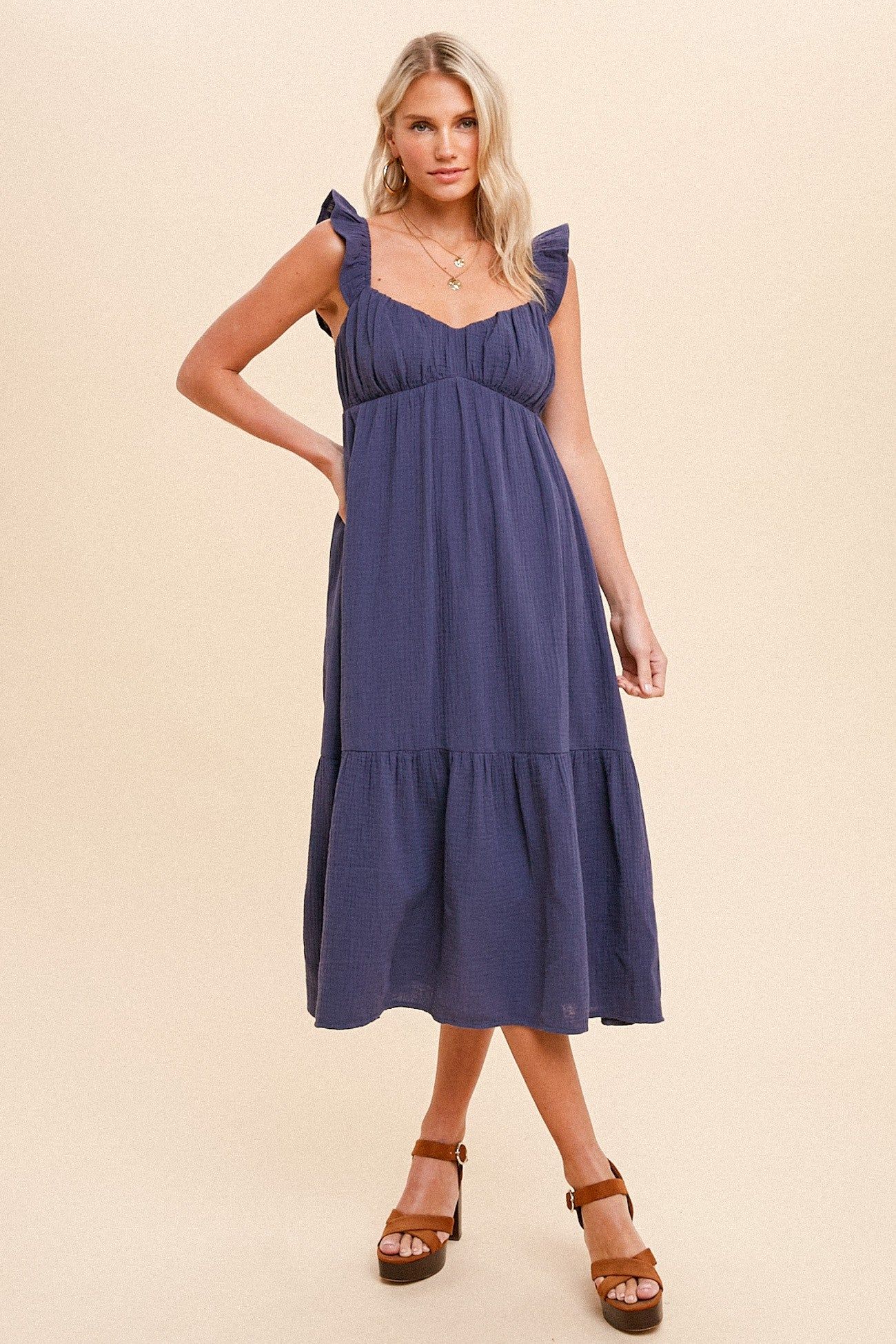Navy Gauze Ruffle Midi Dress sold by Pinkblush product image thumbnail 4